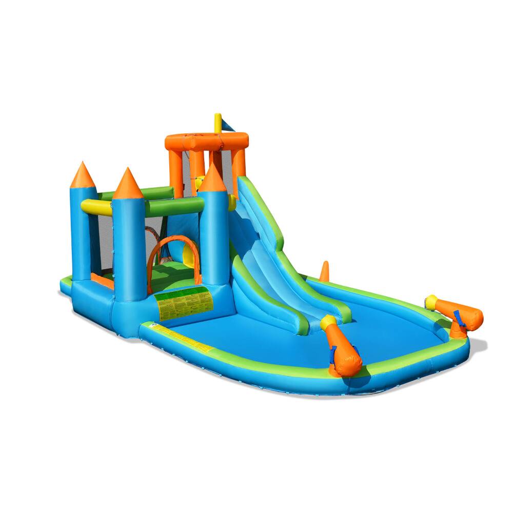 Front. SlickBlue - Outdoor Inflatable Water Slide Bounce House with Splash Pool and 735W Blower - Blue, Green, Orange, Yellow.
