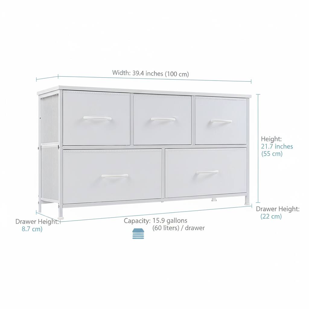 Width: 39.4 inches (100 cm)  
Height: 21.7 inches (55 cm)  
Drawer Height: 8.7 cm  
Capacity: 15.9 gallons (60 liters) / drawer  
Drawer Height: 22 cm