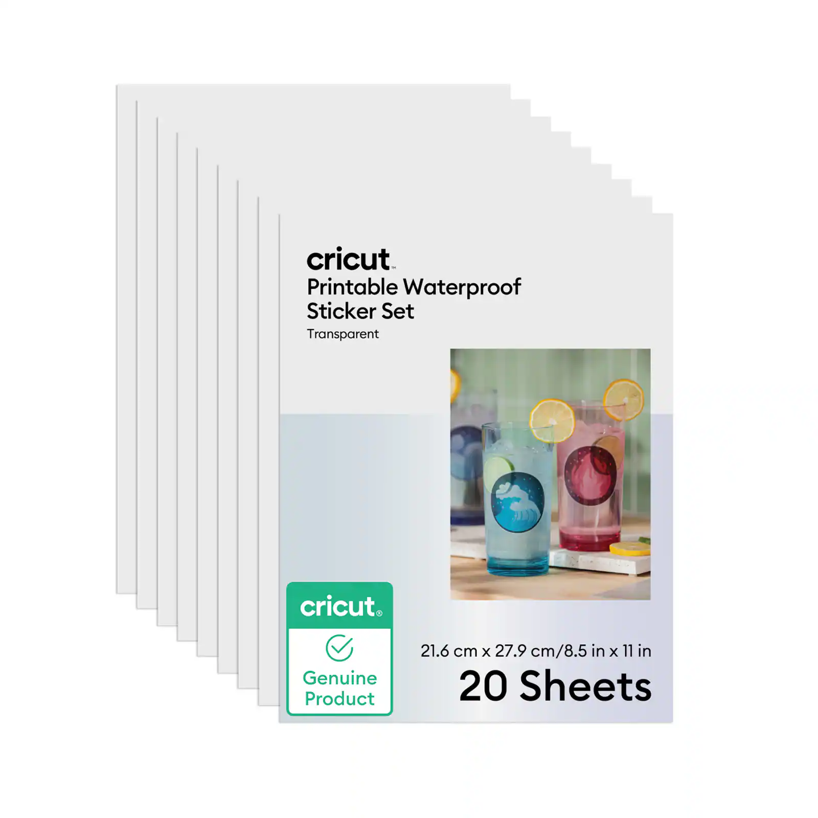 cricut. Printable Waterproof Sticker Set Transparent  
Genuine Product  
21.6 cm x 27.9 cm/8.5 in x 11 in  
20 Sheets