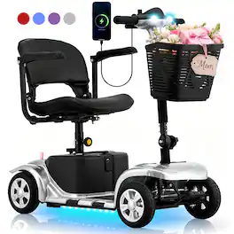 Hover Heart - Heavy Duty 4 Wheel Mobility Scooter for Adults & Seniors - Portable Electric Travel Scooter with Seat, LED Light, Basket - Silver