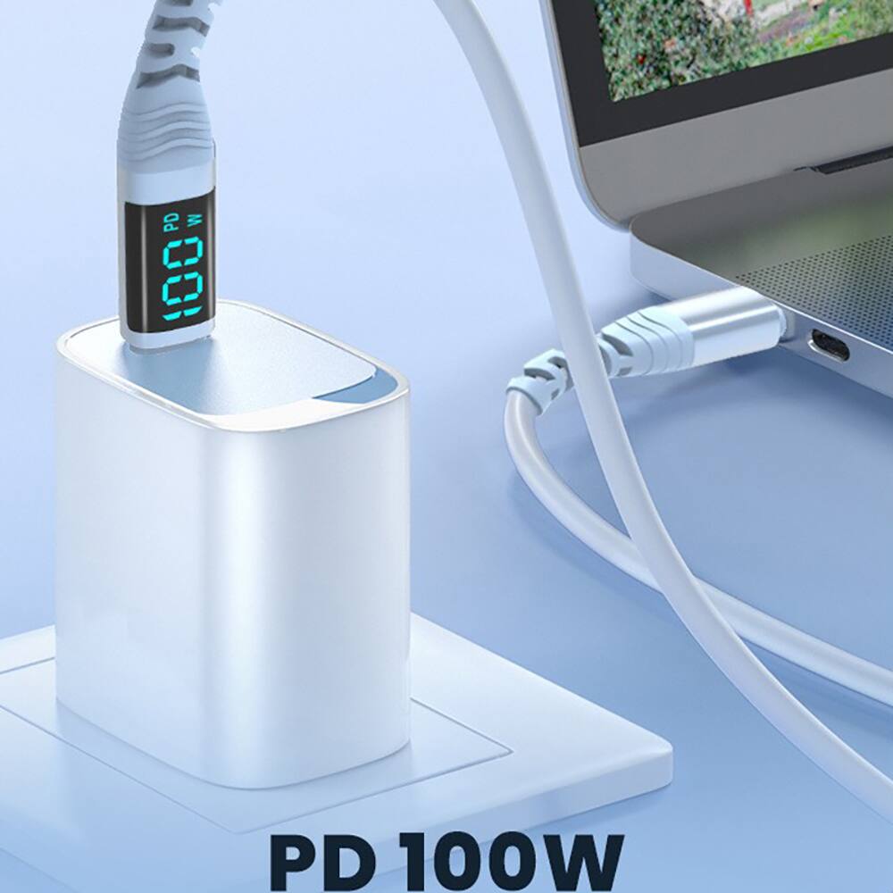 Angle. Topteng - USB-C Cable with Digital Display - 100W Fast Charging, Real-Time Power Monitor for Laptop & Phone - Purple.