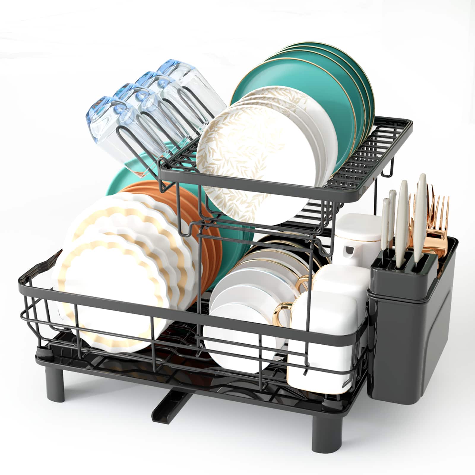 Front. Sugift - 2-Tier Detachable Dish Drying Rack Stainless Steel Rack with Cutlery Box and Cup Holder - Black.