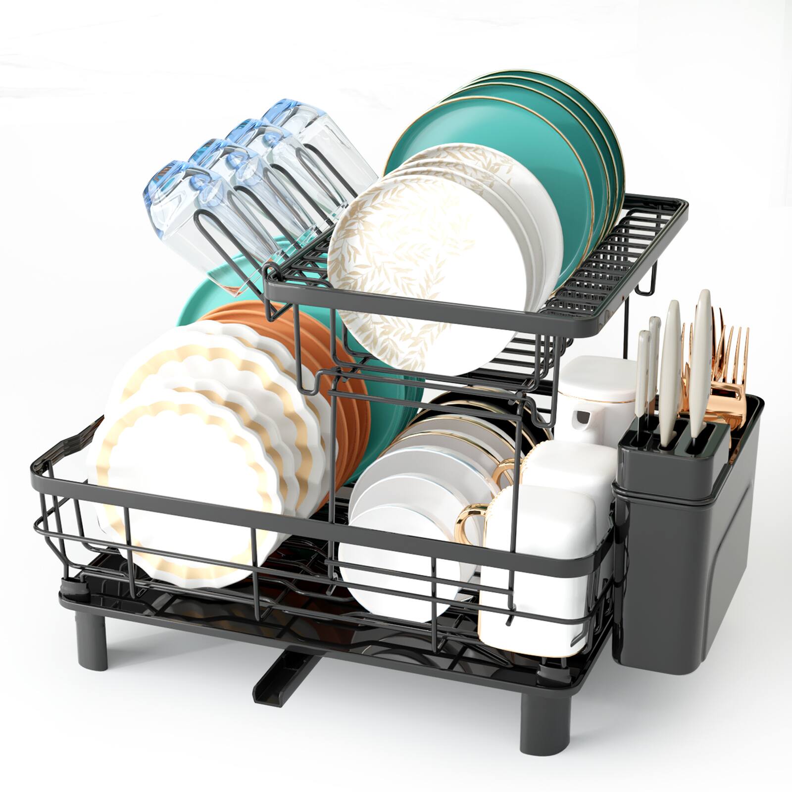 Front. Sugift - 2-Tier Detachable Dish Drying Rack Stainless Steel Rack with Cutlery Box and Cup Holder - Black.