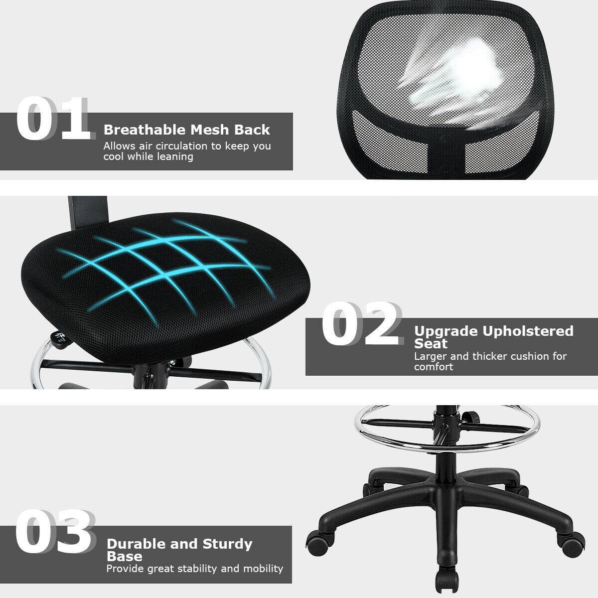 01 Breathable Mesh Back: Allows air circulation to keep you cool while leaning.
02 Seat Upgrade: Upholstered with a larger and thicker cushion for comfort.
03 Durable and Sturdy Base: Provides great stability and mobility.
