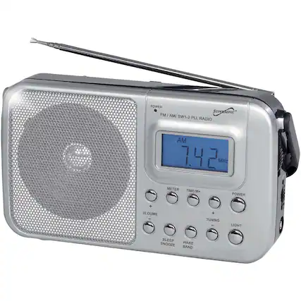 POWER
FM / AM / SW1-2 PLL RADIO
AM
7.42 MHz
METER
TIME/M+
POWER
VOLUME
TUNING
LIGHT
SLEEP
SNOOZE
WAKE
BAND