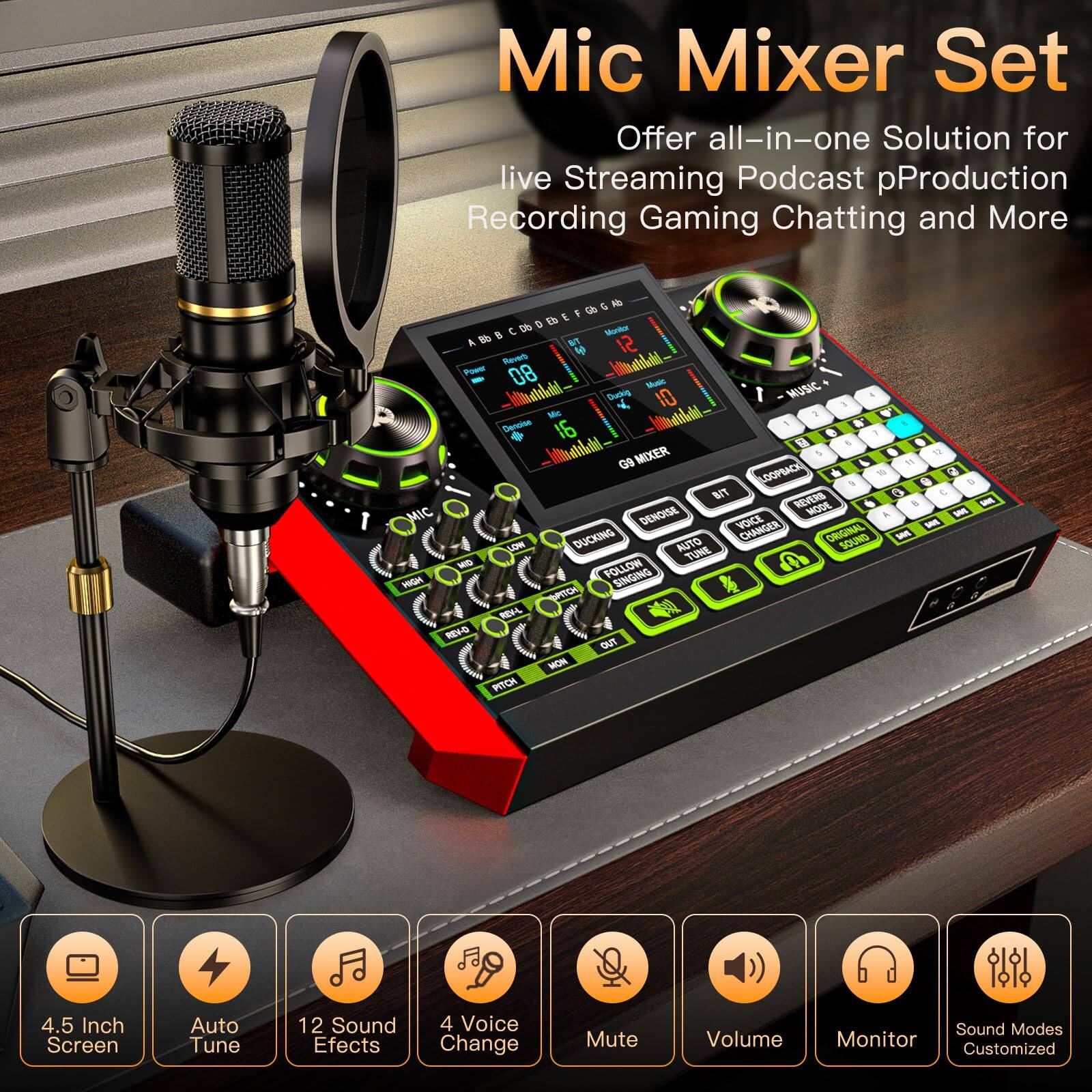 Mic Mixer Set  
Offer all-in-one Solution for Live Streaming Podcast Production Recording Gaming Chatting and More  

- 4.5 Inch Screen  
- Auto Tune  
- 12 Sound Effects  
- 4 Voice Change  
- Mute  
- Volume  
- Monitor  
- Sound Modes Customized  

Features:  
- MIC DENOISE  
- REVERSE MODE  
- VOLUME CHANGES  
- DUCKING  
- AUTO ORIGINAL SOUND  
- LA TUNE  
- MD FOLLOW  
- HIGH SINGING UPTICH  
- REIL REHO  
- OUT MON  
- PYCH  

Additional Text:  
- 1 u t E t 56 Mads de 8 4 T 12 4 Revel ksalal -a 08 - Wtasbll Suors 10 I MUSIC a 1 Me Mwhll I Densino 1 . 16 . . Wwatildd D a 6 MIXER 5 1 G9 1 OOPBACA d 1 a D MT t