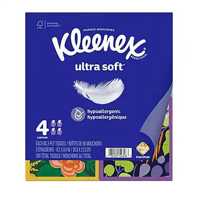 MARQUE MOUCHOIRS
Kleenex
ultra soft
hypoallergenic
hypoallergénique
4 CARTONS
EACH 3-PLY TISSUES / BOUTEILLE DE 60 MOUCHOIRS
3 PLYS / 3 PAISSEURS
8.2 X 8.4 IN / 20.8 X 21.3 CM
240 TOTAL TISSUES / MOUCHOIRS AU TOTAL
240 TISSUES / MOUCHOIRS
36000 PLIS PAISSEURS