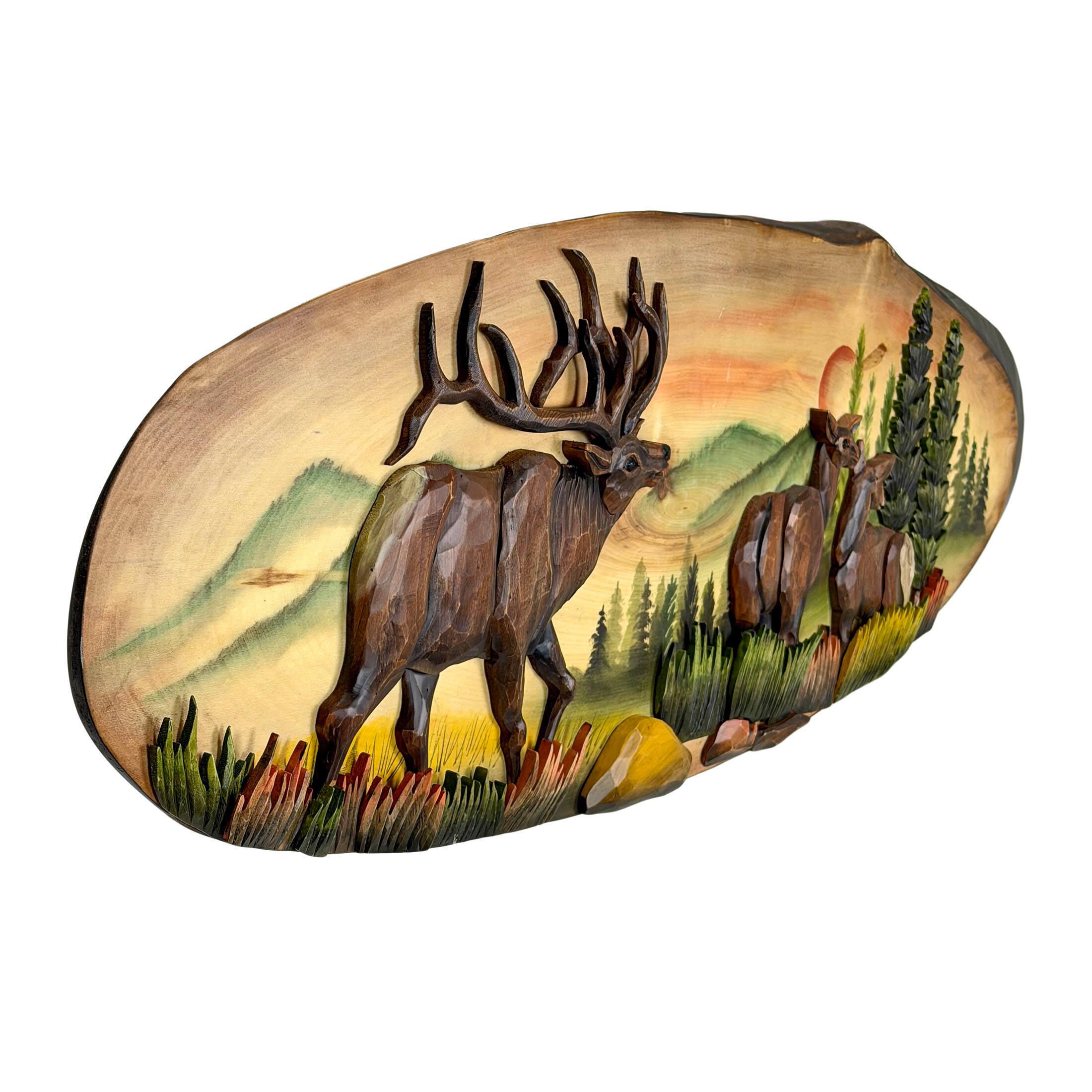 Alt View 1. Zeckos - Elk Family Intarsia Wood Oval Wall Sculpture 13x40 Rustic Cabin Decor - Brown.