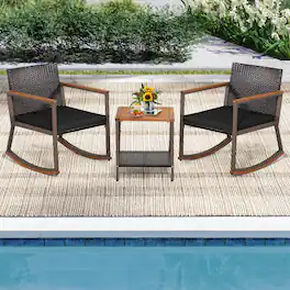 Costway - 3PCS Patio Rattan Rocking Chair Bistro Set Armrest Cushion Table with Storage Shelf - Mix Brown+Black