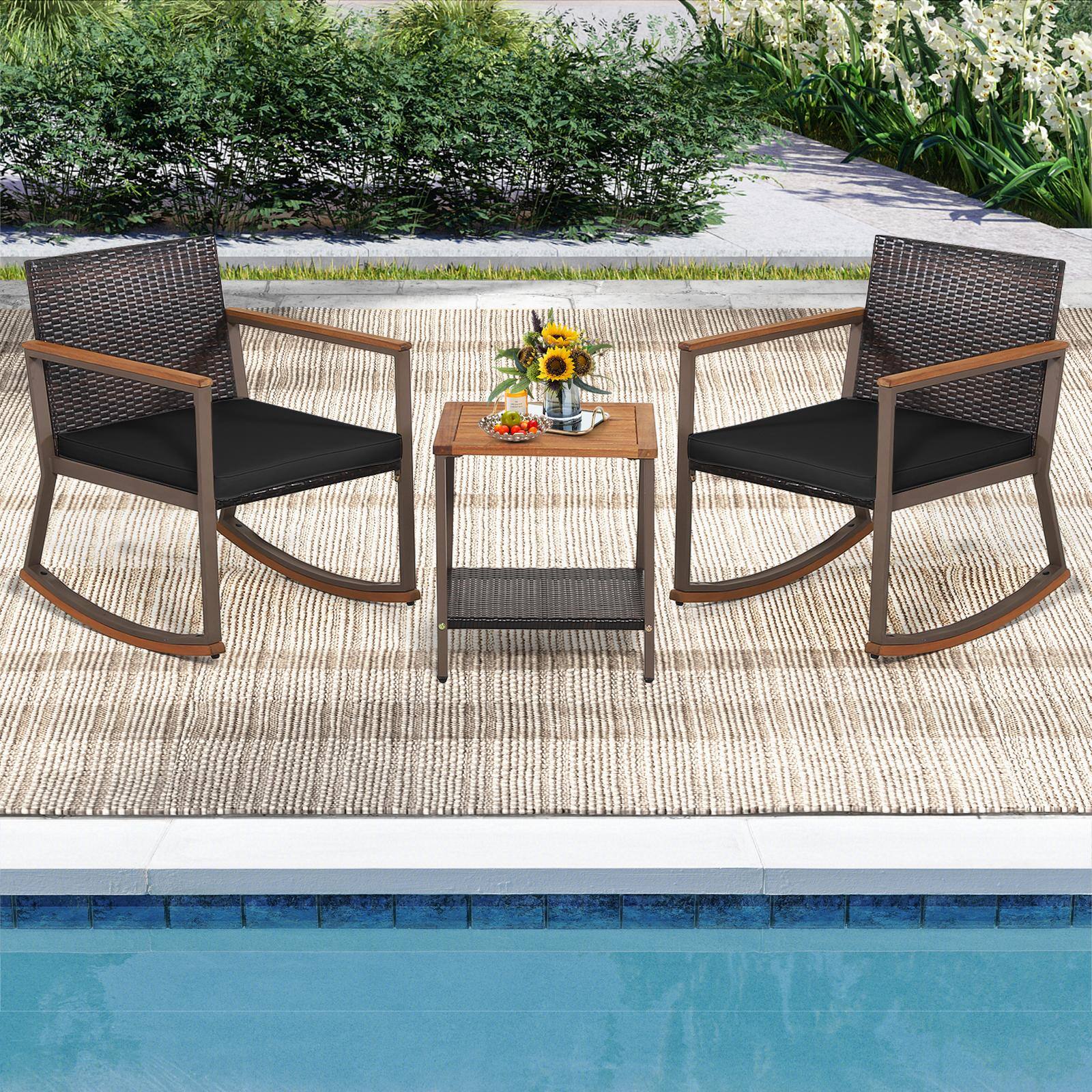 Costway - 3PCS Patio Rattan Rocking Chair Bistro Set Armrest Cushion Table with Storage Shelf - Mix Brown+Black