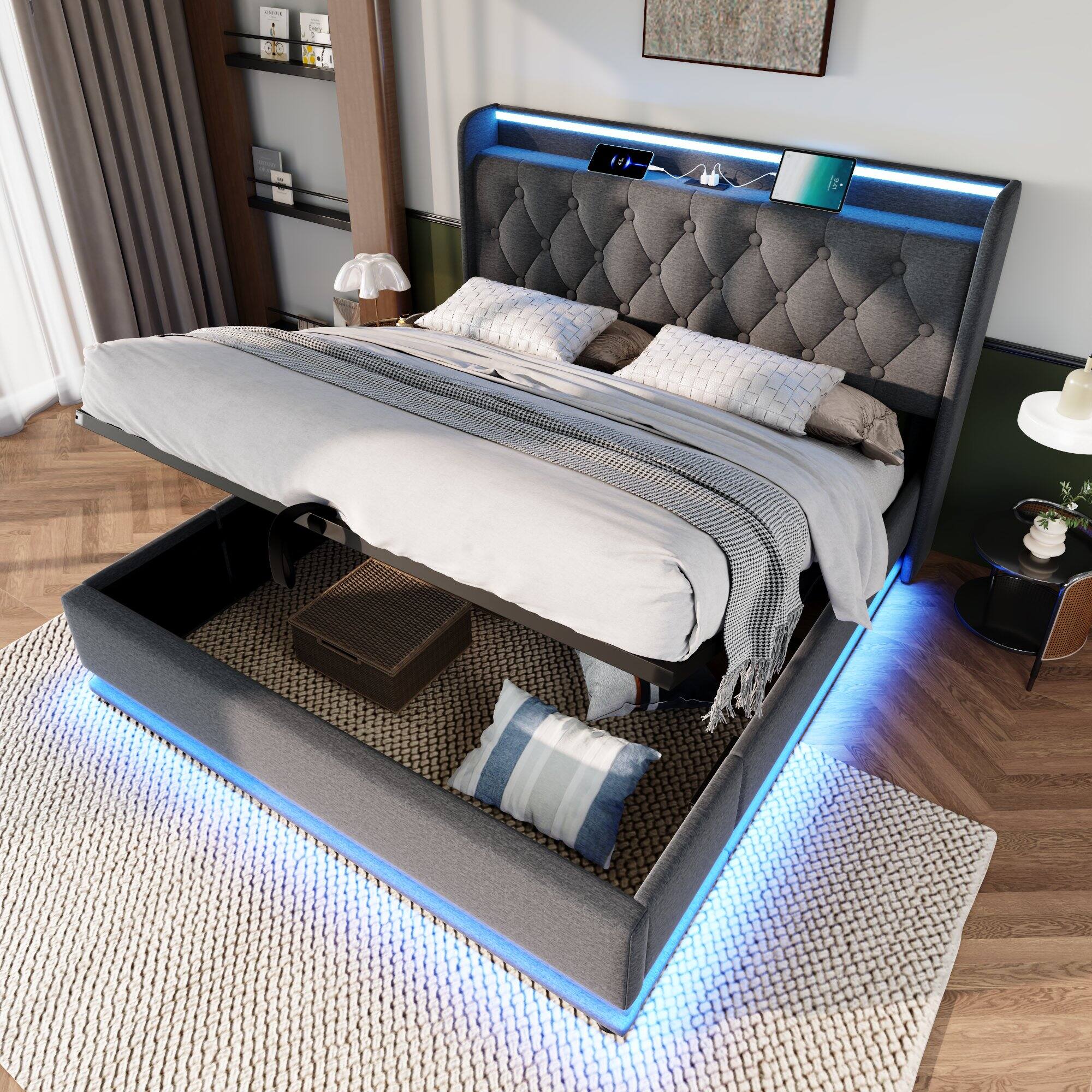 Alt View 2. Anysun - King Upholstered Hydraulic Bed - 360 Surround LED, App/Remote Control, USB-C Charging, PU. - Grey.