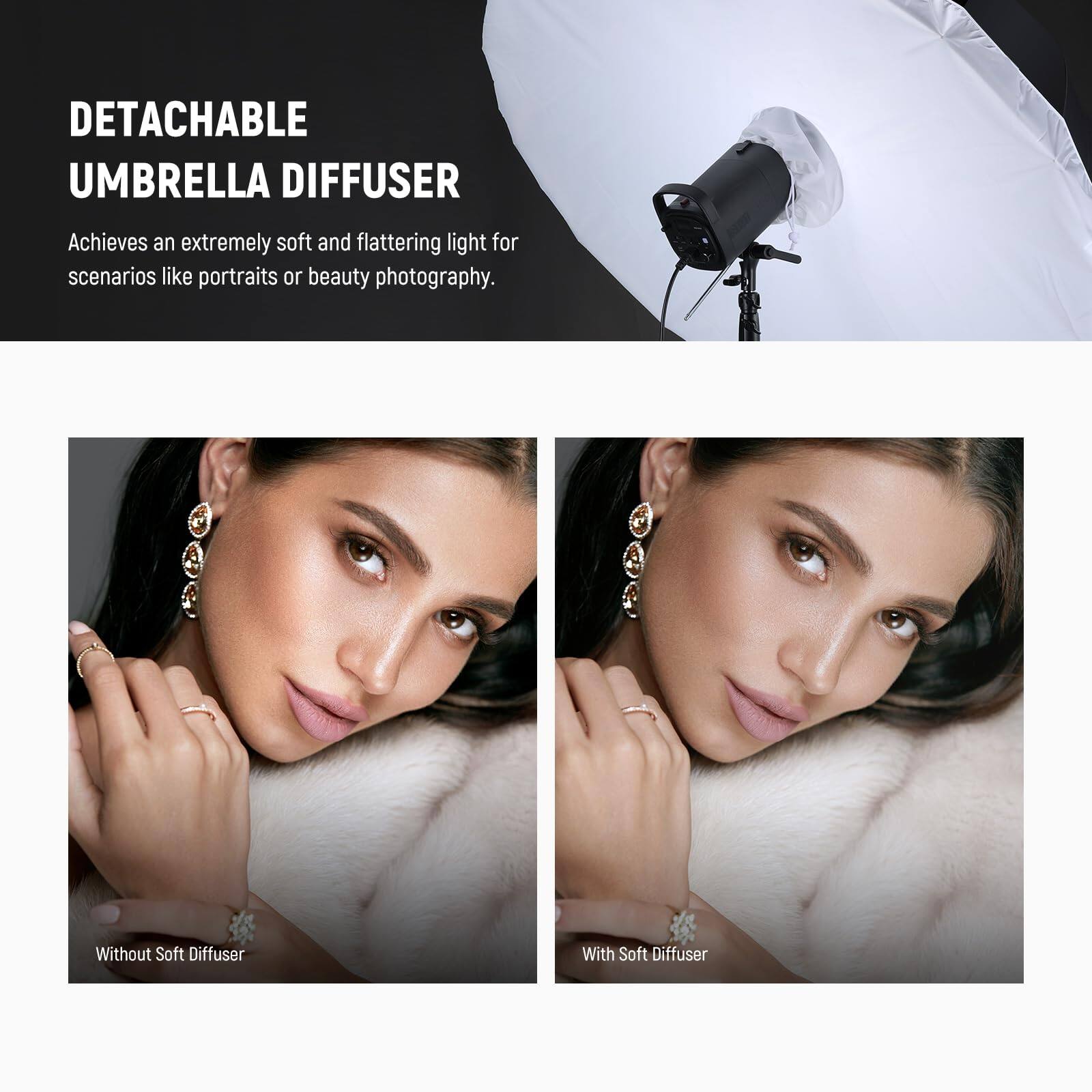 DETACHABLE UMBRELLA DIFFUSER

Achieves an extremely soft and flattering light for scenarios like portraits or beauty photography.

Without Soft Diffuser

With Soft Diffuser