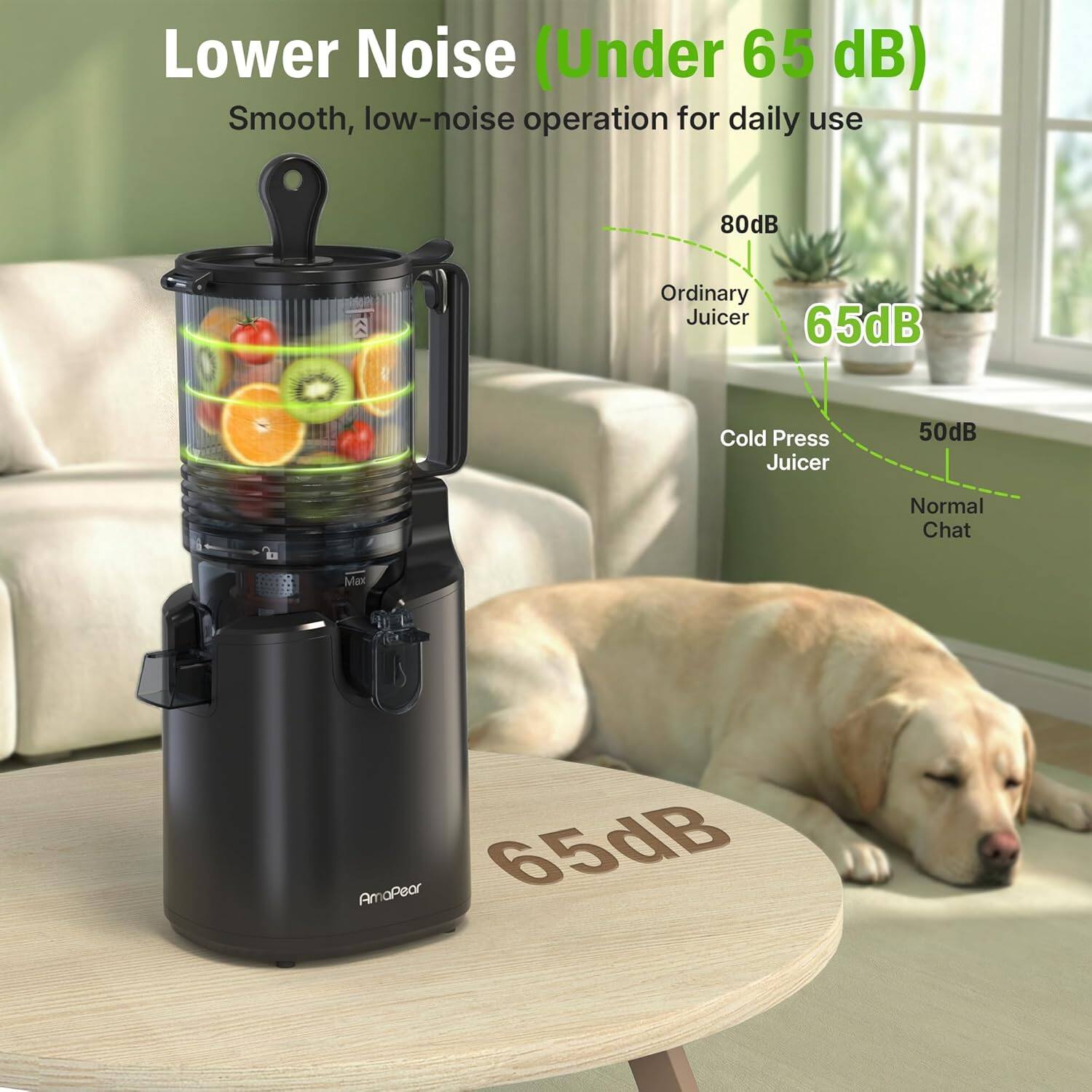 Lower Noise (Under 65 dB)  
Smooth, low-noise operation for daily use  

80dB  
Ordinary Juicer  

65dB  
Cold Press Juicer  

50dB  
Normal Chat  

AmaPear