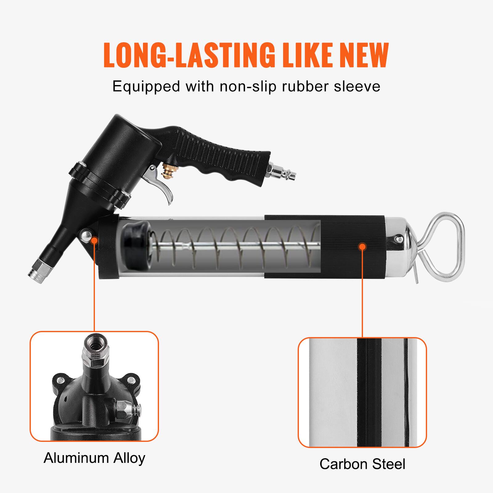 LONG-LASTING LIKE NEW  
Equipped with non-slip rubber sleeve  
Aluminum Alloy  
Carbon Steel
