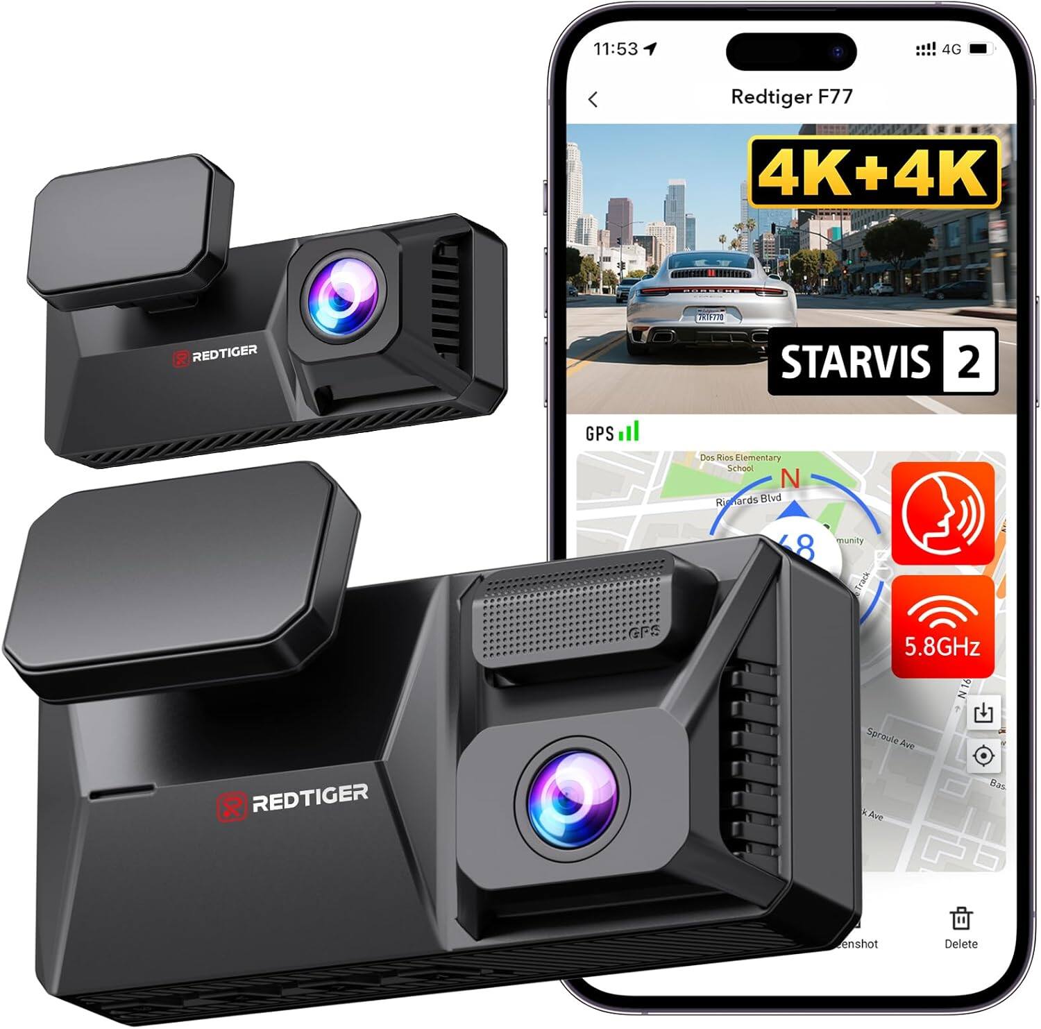 REDTIGER - 4K+4K HDR 4'' Touch Screen Dash Cam ,Voice Control - Black