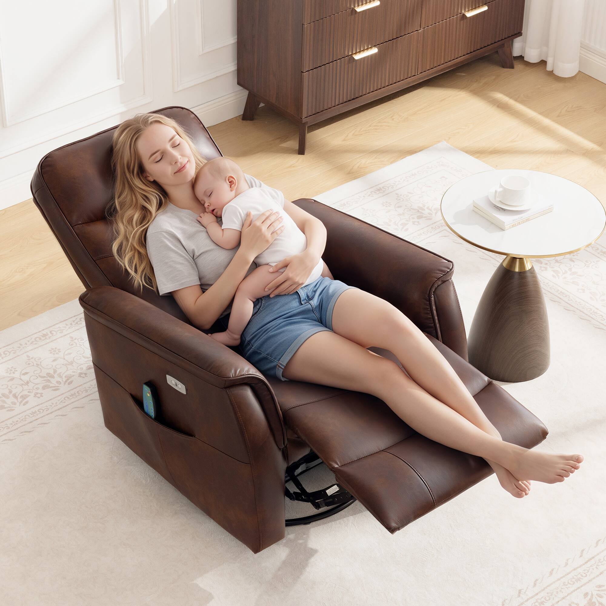 Alt View 7. KERDOM - Swivel Powered Recliner Armchair with Heat and Massage, USB Charge Port, Side Pockets, PU Leather Glider Rocking Chair - Brown.