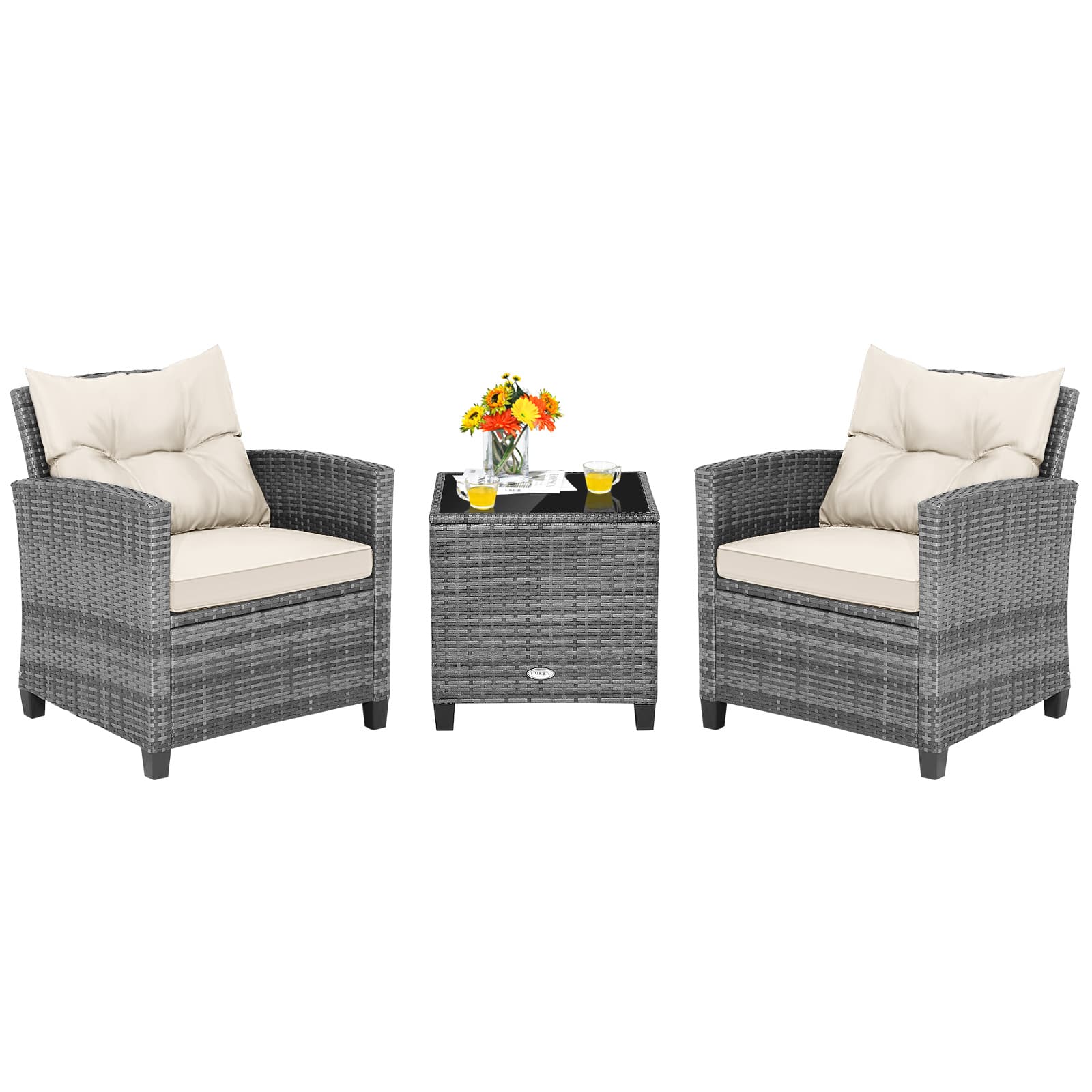 Costway - 3PCS Patio Rattan Furniture Bistro Set Cushioned Sofas Side Table Armrest - MiX Gray + Beige