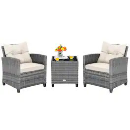 Costway - 3PCS Patio Rattan Furniture Bistro Set Cushioned Sofas Side Table Armrest - MiX Gray + Beige