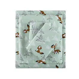 Gracie Mills - Toasty Cotton Flannel Printed Sheet Set - Seafoam Foxes