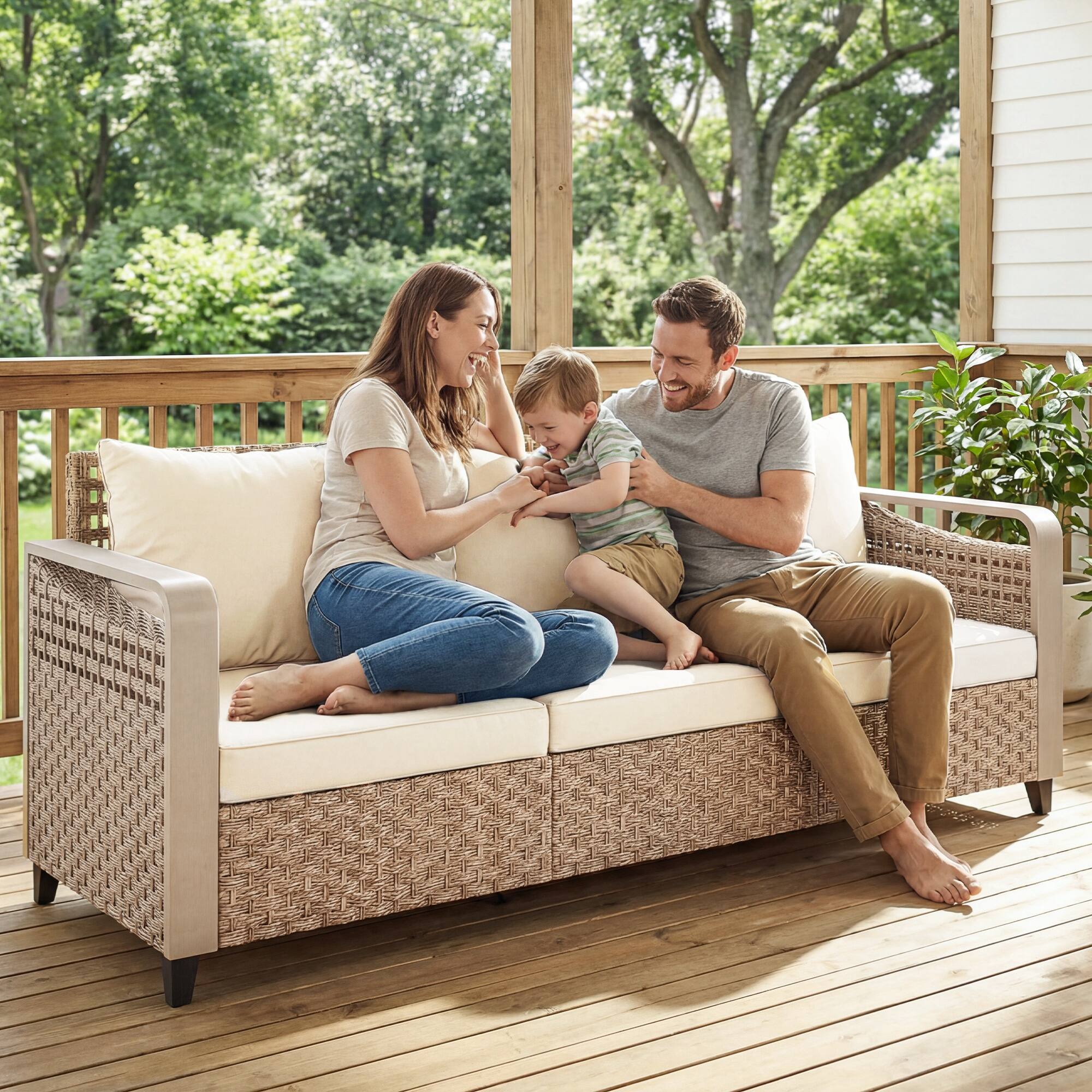 Alt View 8. Outsunny - Wicker Sofa 3-Seater Outdoor Patio Sofa with Cushions for Garden Backyard Porch - Beige.