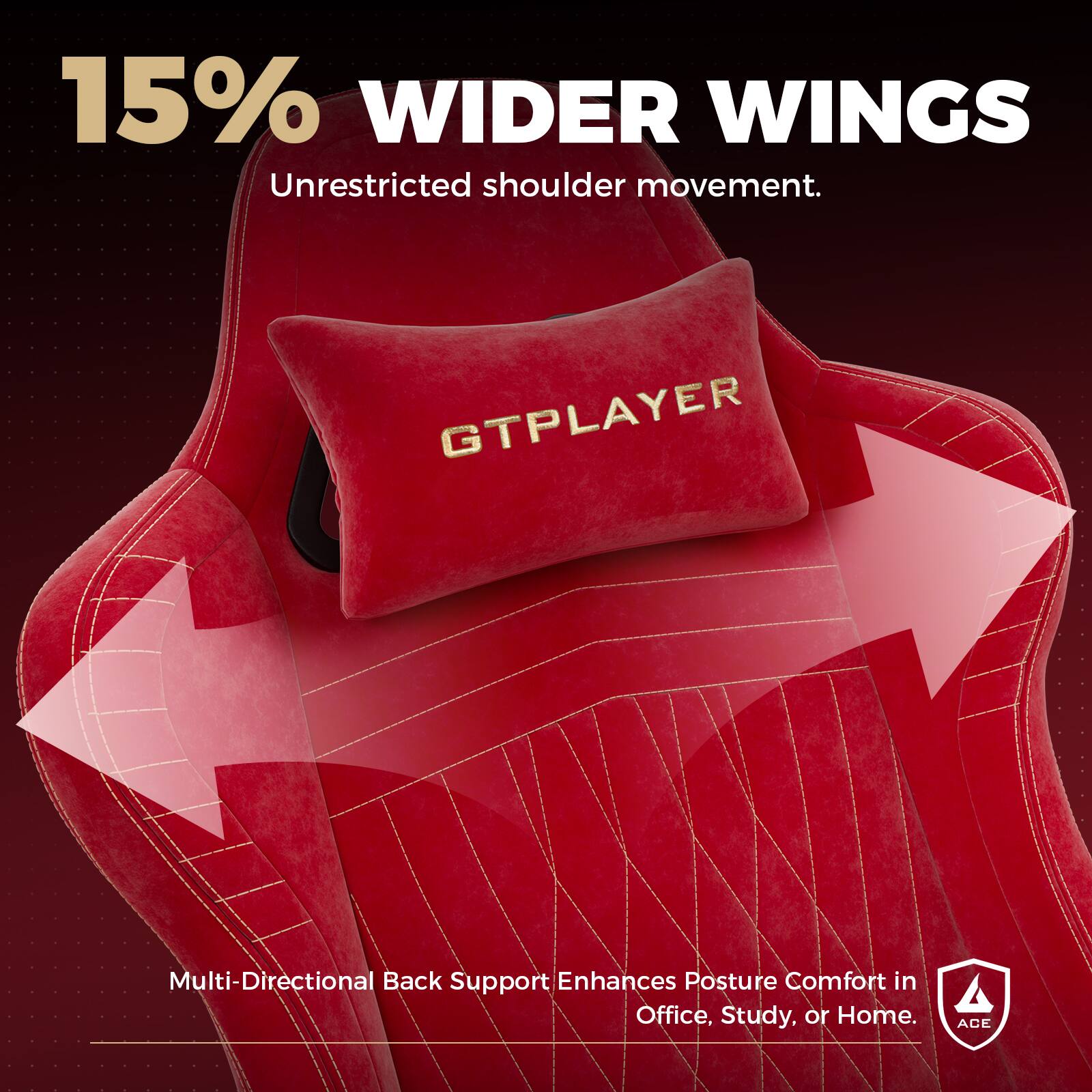 15% WIDER WINGS  
Unrestricted shoulder movement.  

GTPLAYER  

Multi-Directional Back Support Enhances Posture Comfort in Office, Study, or Home.  

ACE