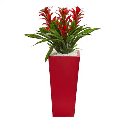 Front. BreeBe - 26" Triple Bromeliad Artificial Plant in Red Planter - Red.
