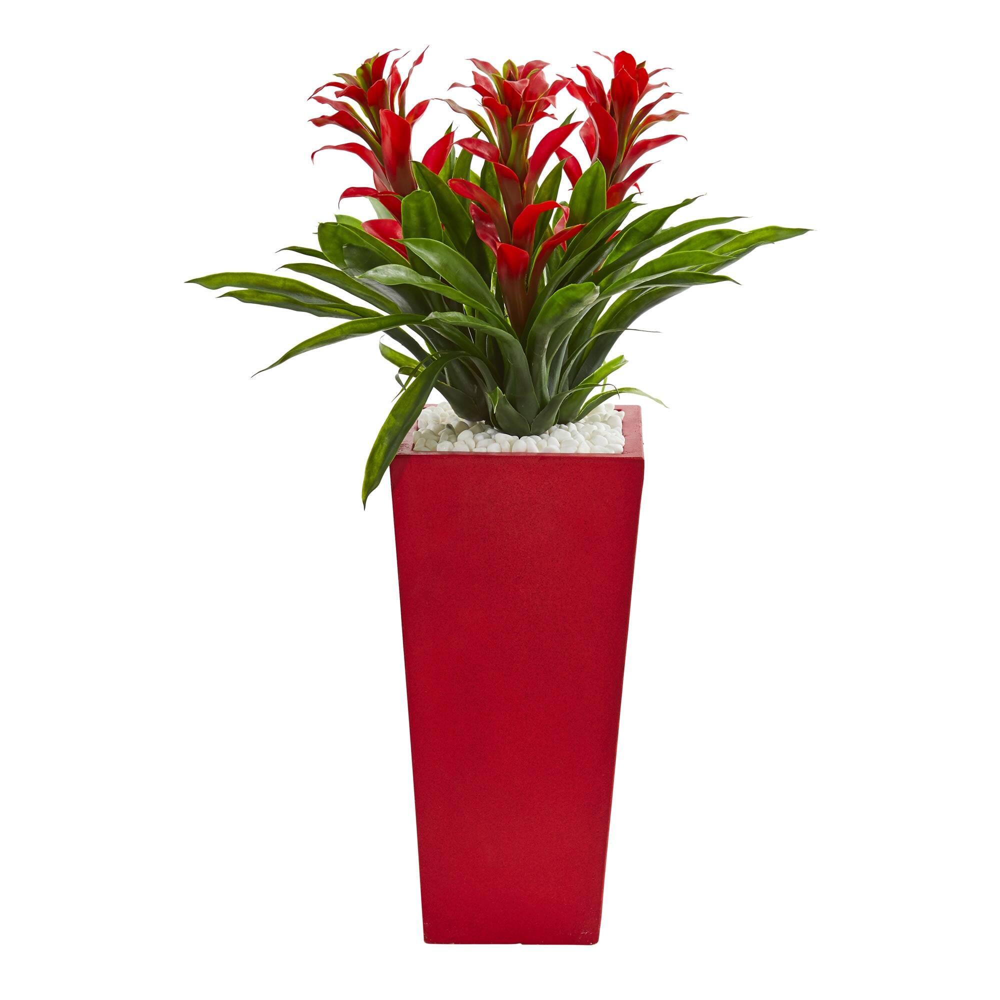Front. BreeBe - 26" Triple Bromeliad Artificial Plant in Red Planter - Red.