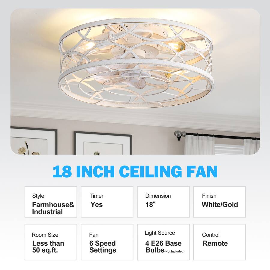 Breezary 18 Inch Flush Mount Caged Ceiling Fan with 7 ABS Blades, DC ...