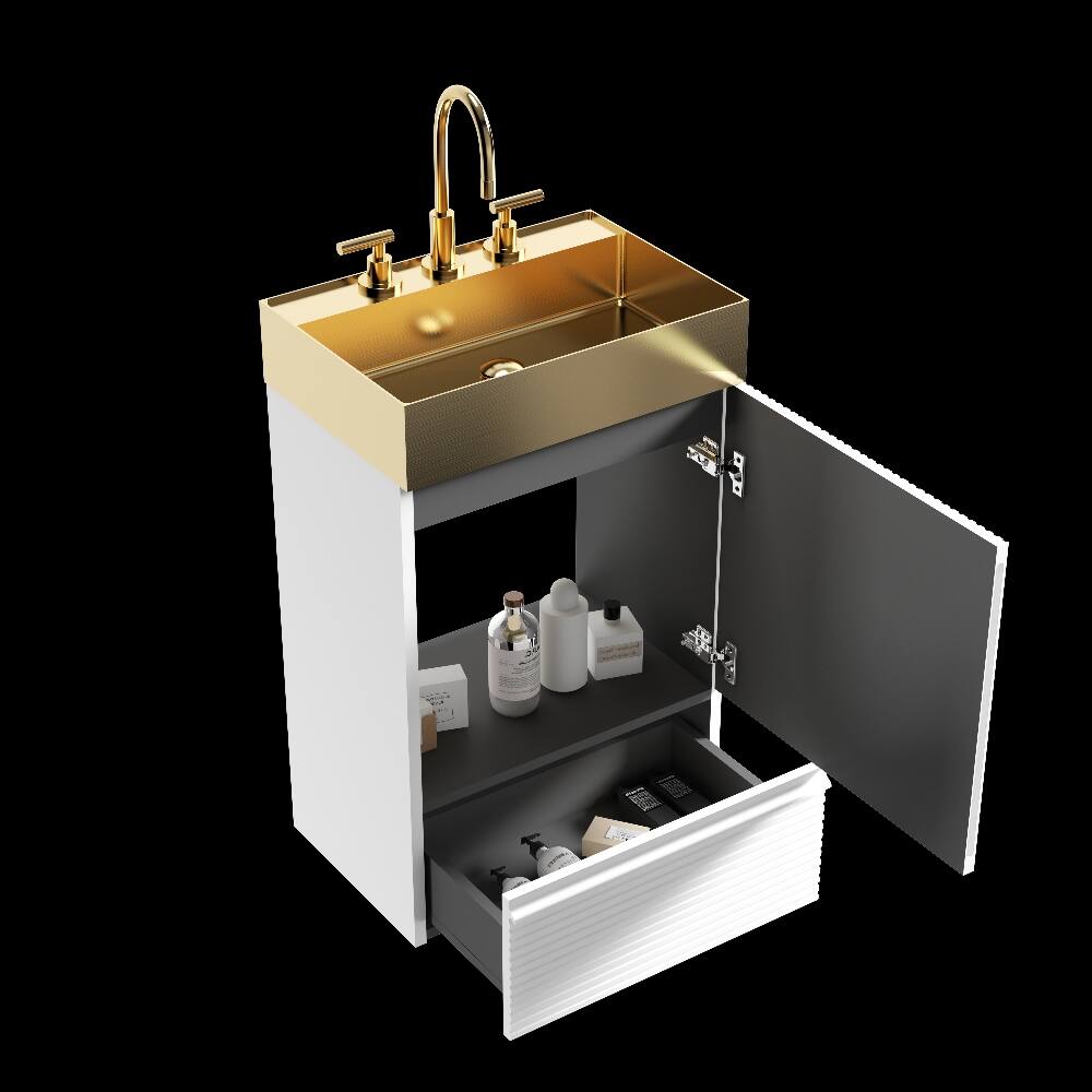 Alt View 7. Loheer - Loheer 20 inch white bathroom vanity with brushed gold metal sink freestanding bathroom cabinet - Matte White.