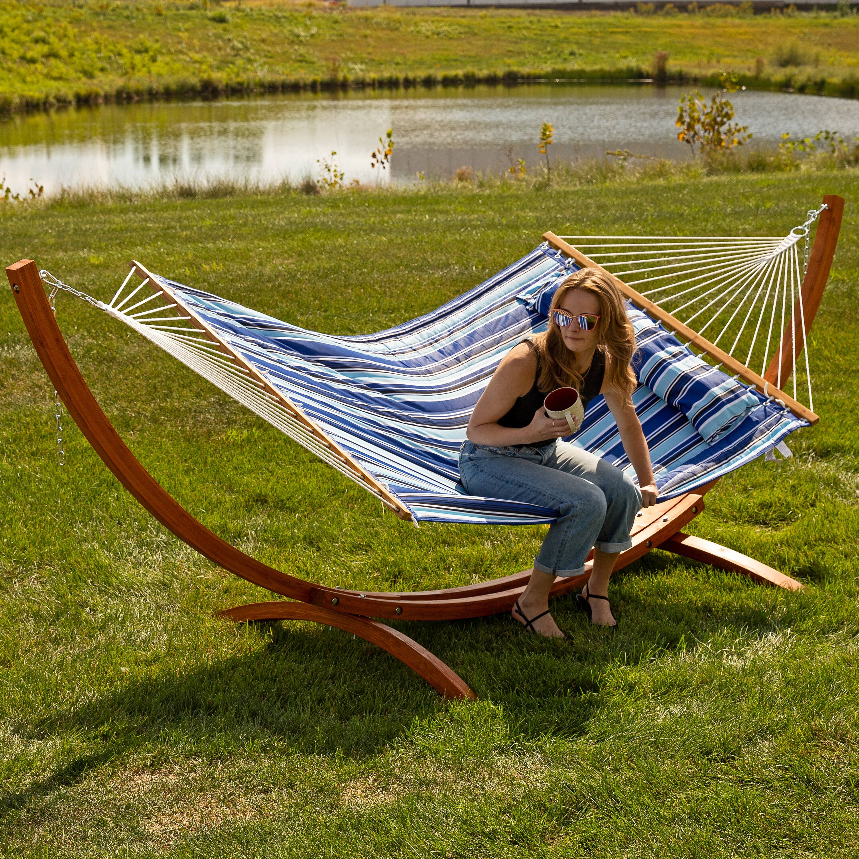 Alt View 5. Sunnydaze - Large Quilted Hammock with Curved Wooden Stand - Catalina Beach.