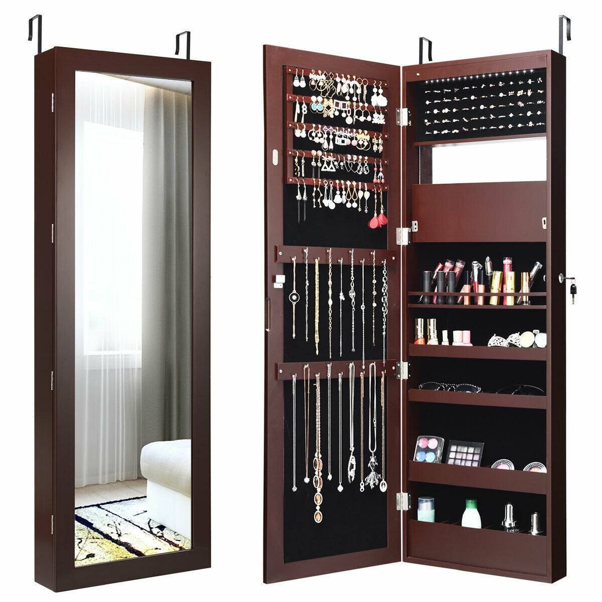 Alt View 1. Gymax - Gymax  Wall Door Mounted Lockable Jewelry Cabinet Armoire Organizer w/LED Brown - Brown.