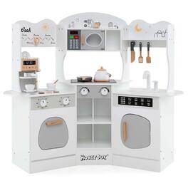 Costway - Corner Kitchen Playset with Coffee Machine Oven Microwave Washing Machine - White