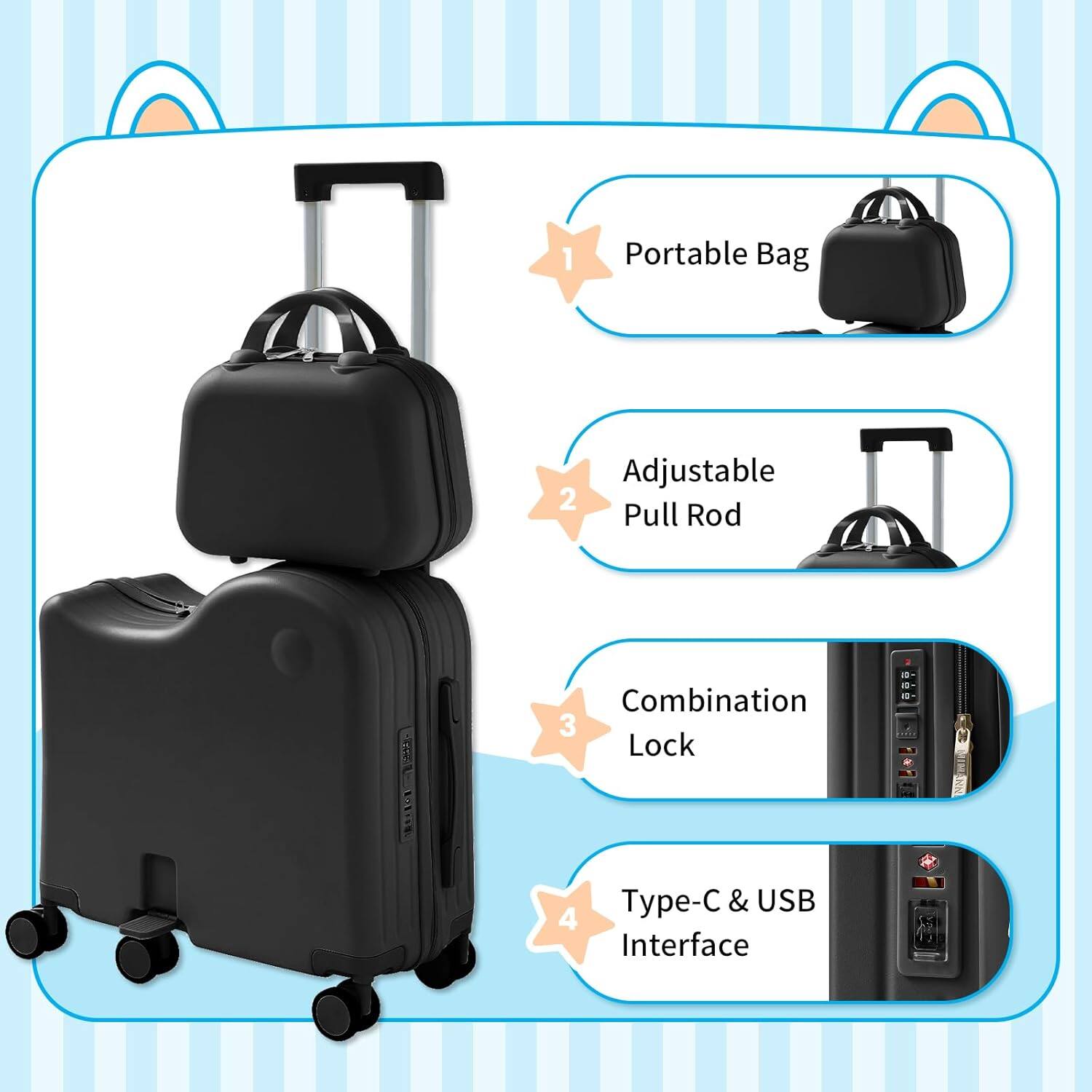 1. Portable Bag  
2. Adjustable Pull Rod  
3. Combination Lock  
4. Type-C & USB Interface