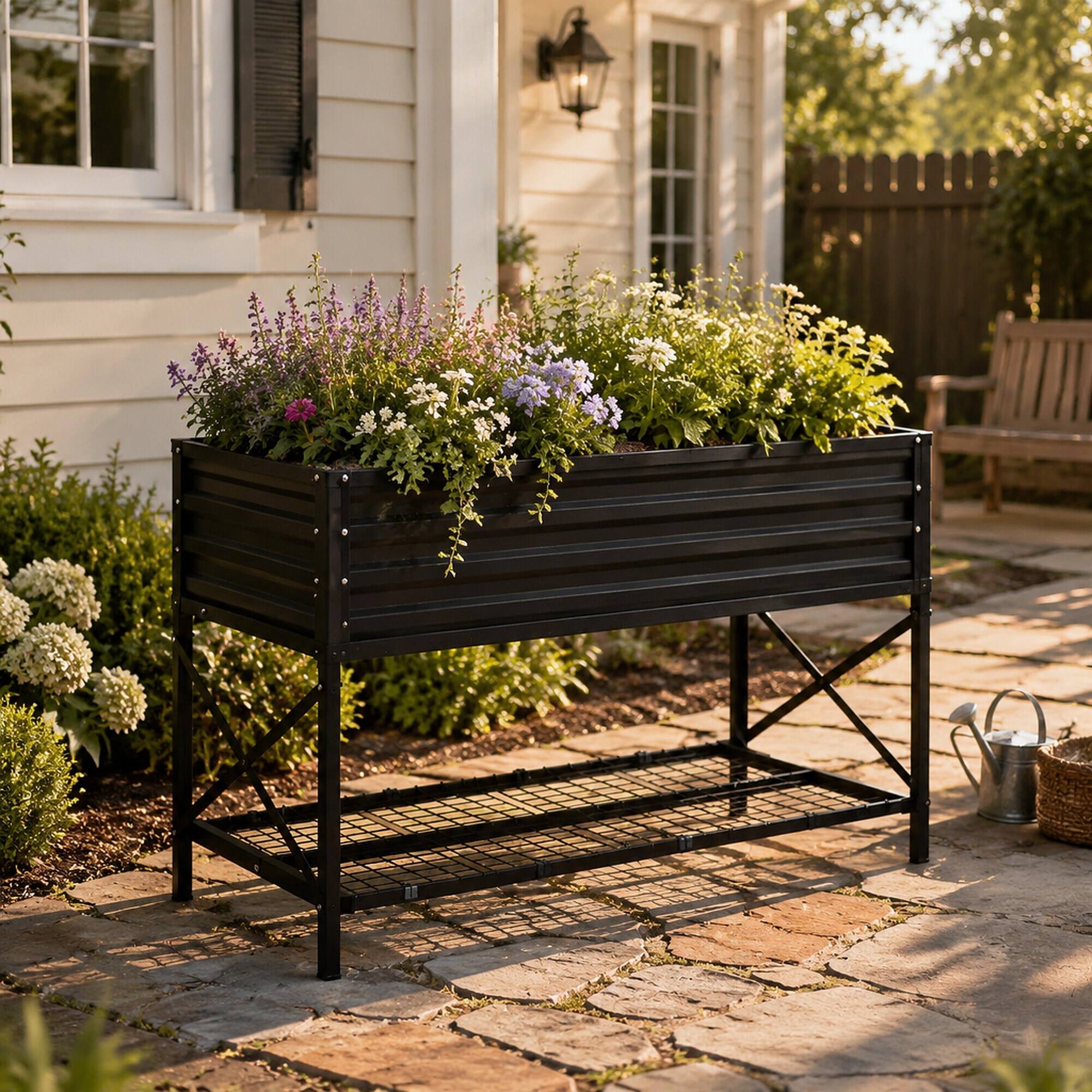 Left. RYHNUYNE - Galvanized Elevated Garden Bed with Storage Shelf, 41.75 Inch Metal Raised Planter Box with Non-Woven Liner - Dark Gray.
