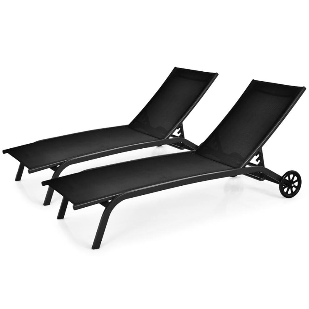 Angle. Pefilos - Patio Lounge Chair, 6-Poisition Adjustable Outdoor Chaise Recliner with Wheels-Black Cushion - Black.