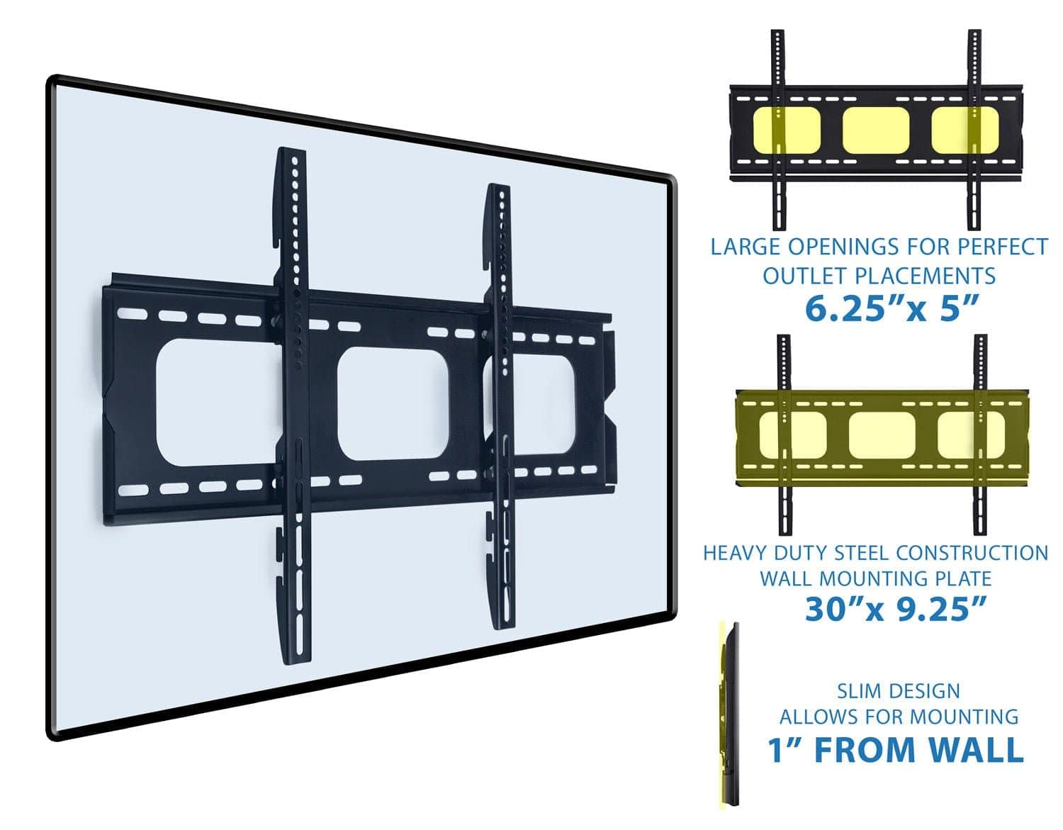 LARGE OPENINGS FOR PERFECT OUTLET PLACEMENTS  
6.25" x 5"  

HEAVY DUTY STEEL CONSTRUCTION WALL MOUNTING PLATE  
30" x 9.25"  

SLIM DESIGN ALLOWS FOR MOUNTING 1" FROM WALL