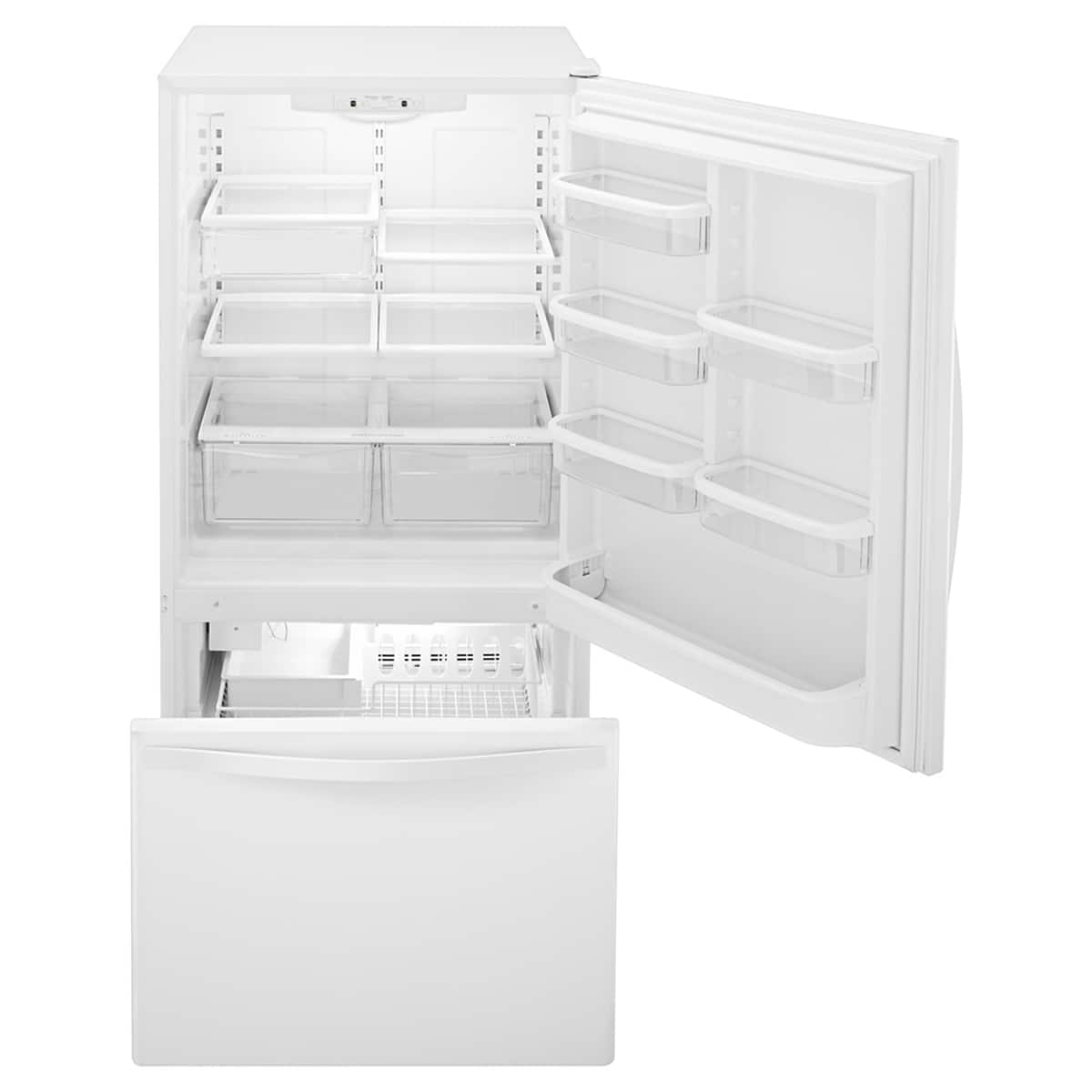 Angle. Whirlpool - 22 Cu. Ft. Bottom-Freezer Refrigerator with SpillGuard Glass Shelves - White-on-White.
