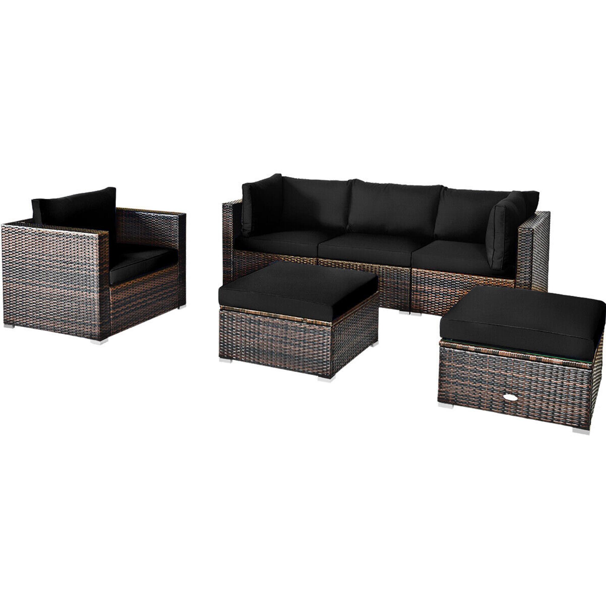 Alt View 6. Gymax - Gymax 6PCS Patio Conversation Set Rattan Sectional Furniture Set w/ Black Cushions - Black.