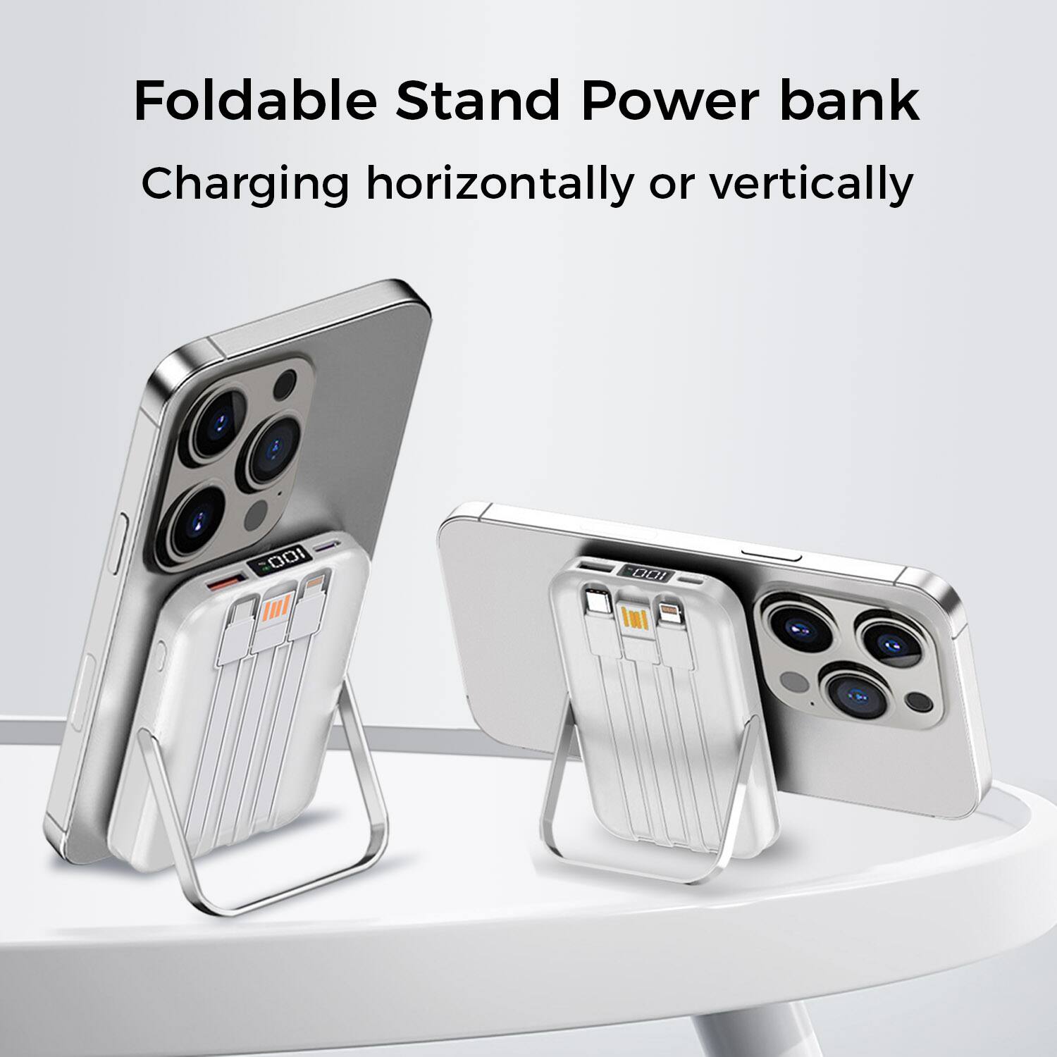Foldable Stand Power bank Charging horizontally or vertically