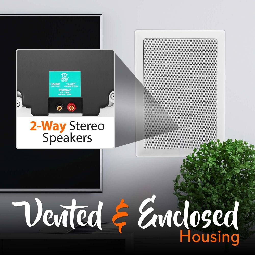 PYLE Co:  
- 360W  
- SPGACRE  
- PDIW67  
- 4-8 Ω  
- 2-Way Stereo Speakers  
- Vented Enclosed Housing  

2-Way Stereo Speakers  
Vented & Enclosed Housing
