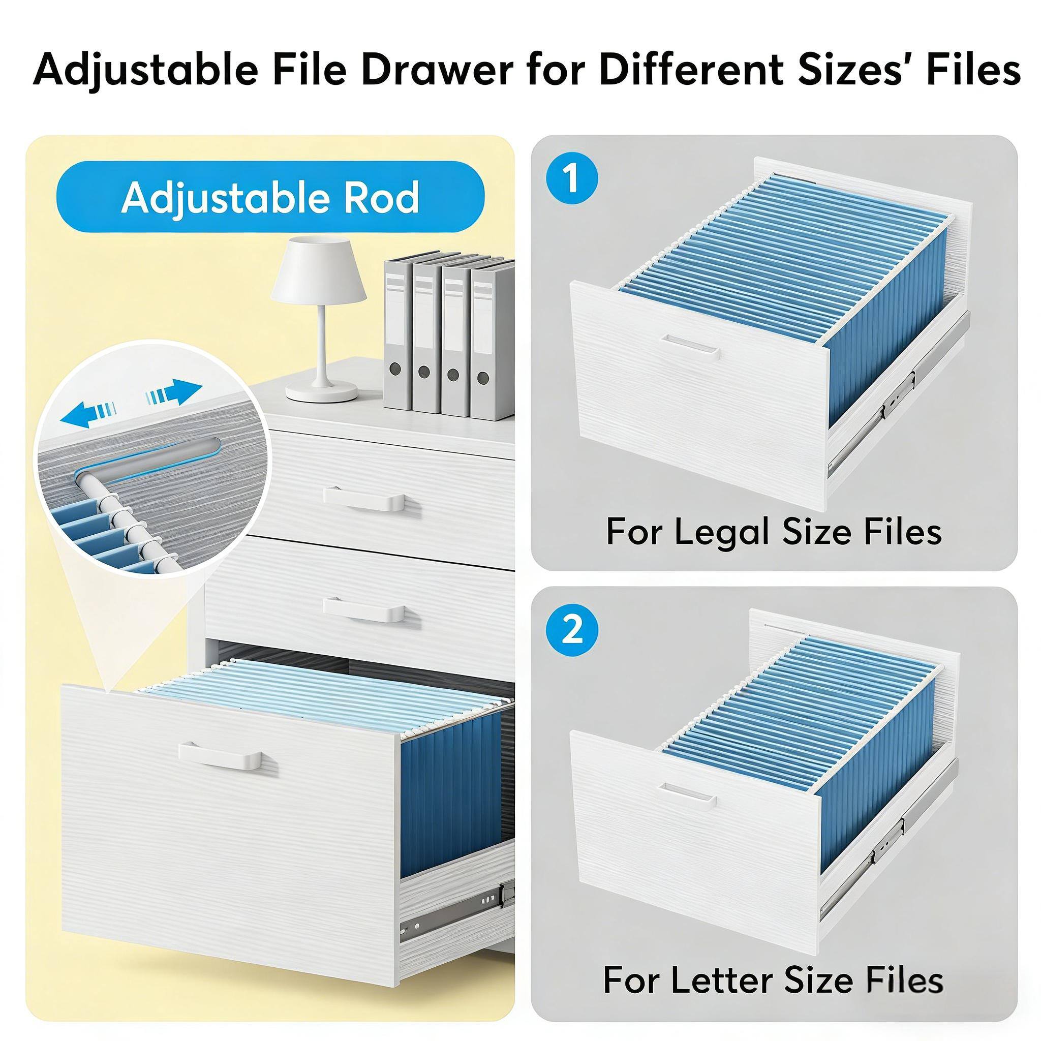 Adjustable File Drawer for Different Sizes' Files

Adjustable Rod

1. For Legal Size Files

2. For Letter Size Files