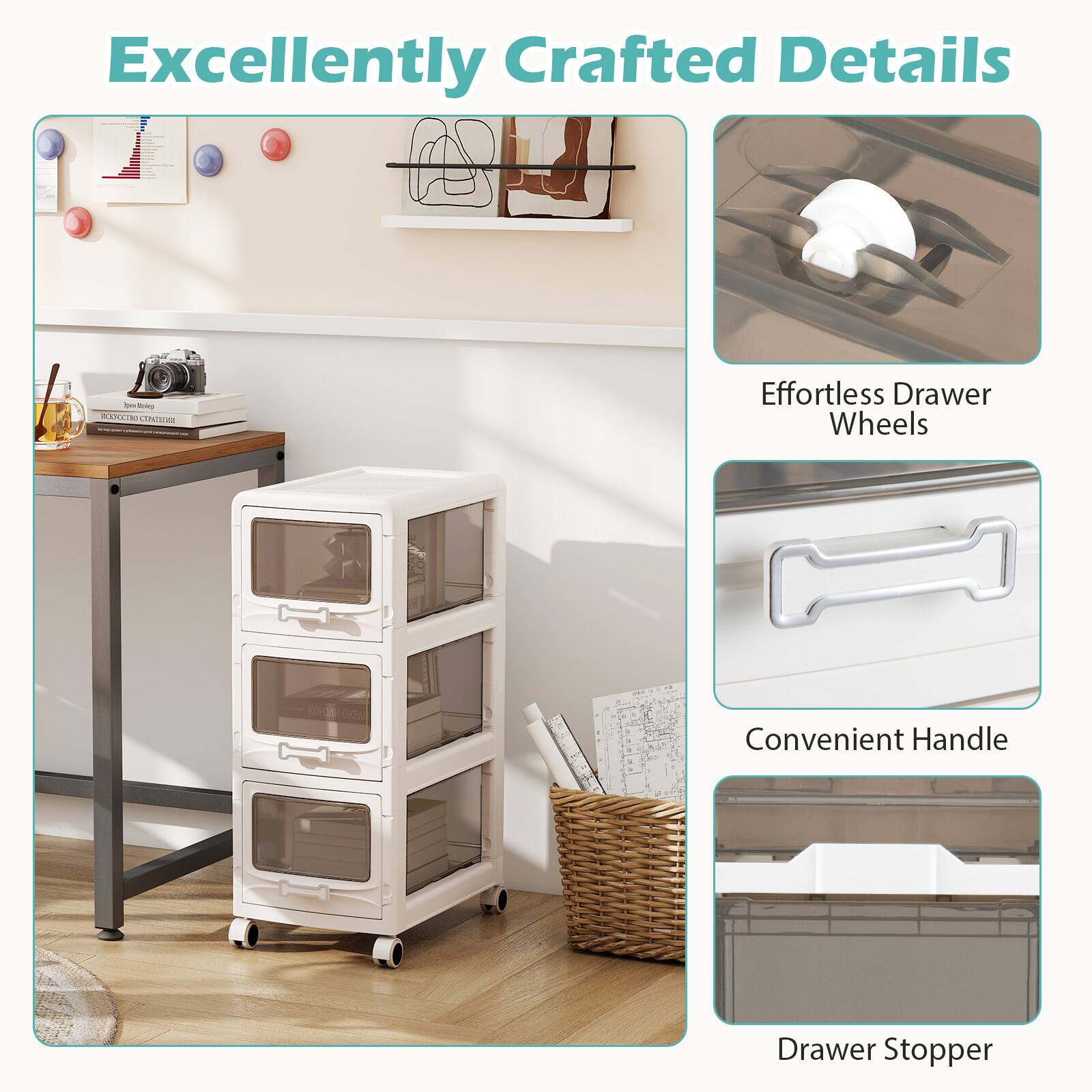 Excellently Crafted Details

- Effortless Drawer Wheels
- Convenient Handle
- Drawer Stopper