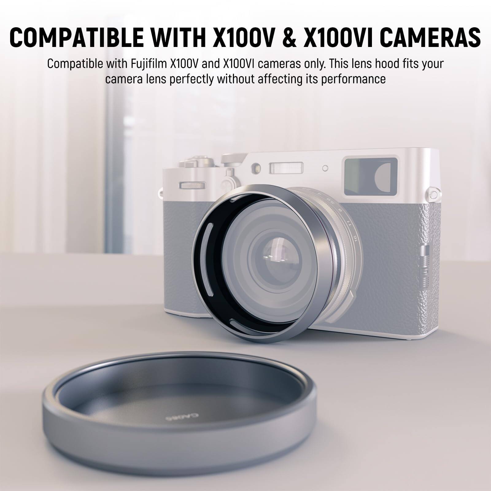 COMPATIBLE WITH X100V & X100VI CAMERAS

Compatible with Fujifilm X100V and X100VI cameras only. This lens hood fits your camera lens perfectly without affecting its performance