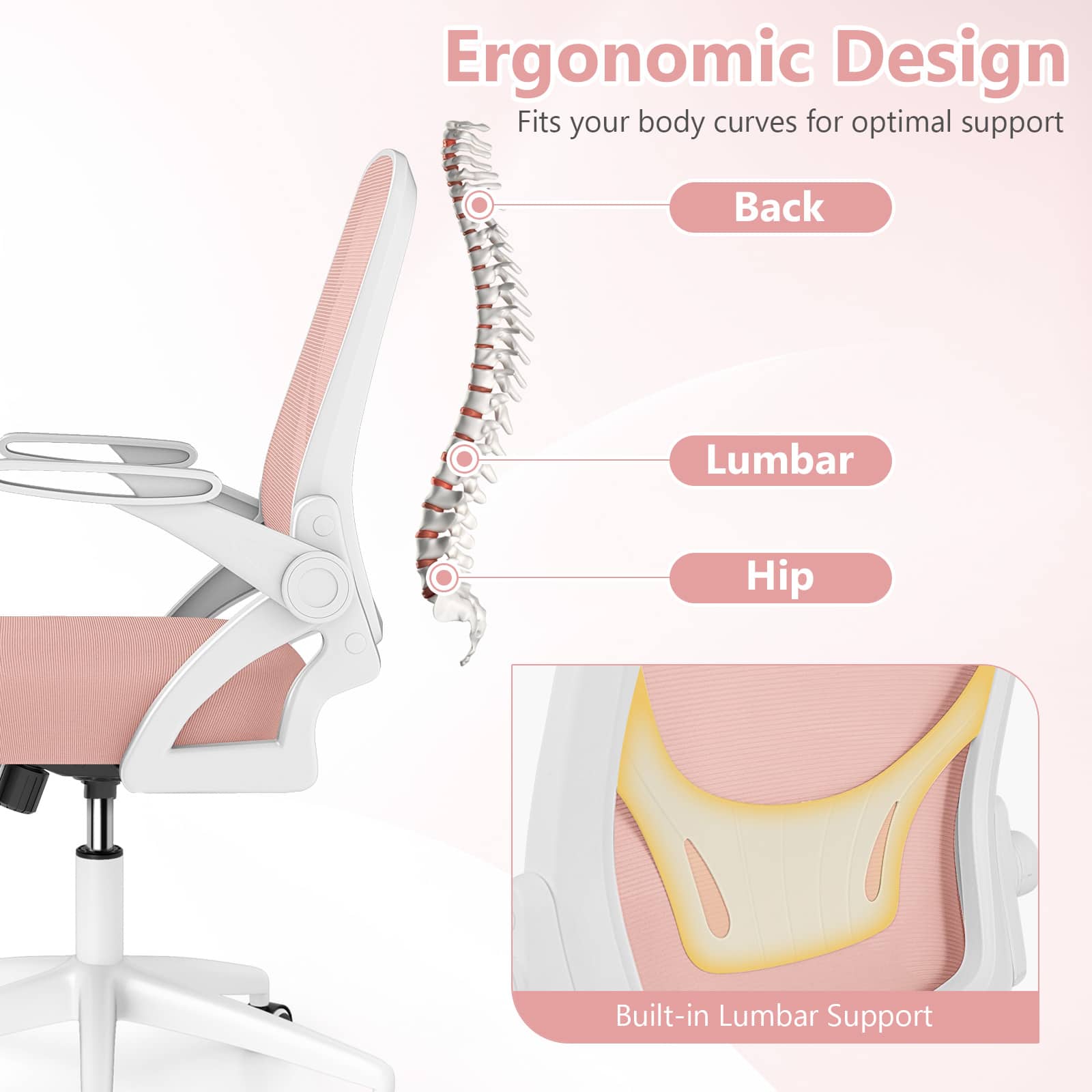 Ergonomic Design
Fits your body curves for optimal support
Back
Lumbar
Hip
Built-in Lumbar Support