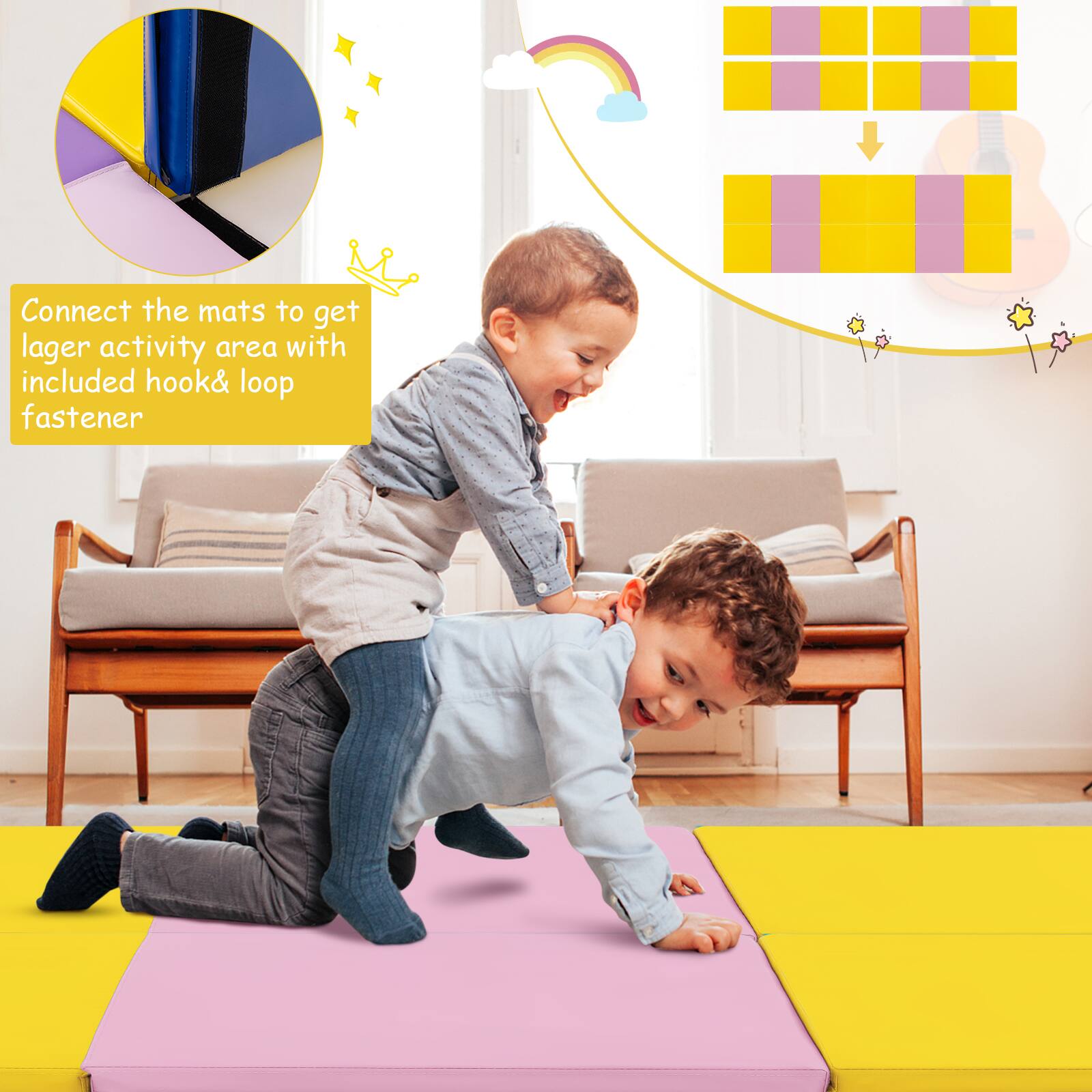 Connect the mats to get larger activity area with included hook & loop fastener