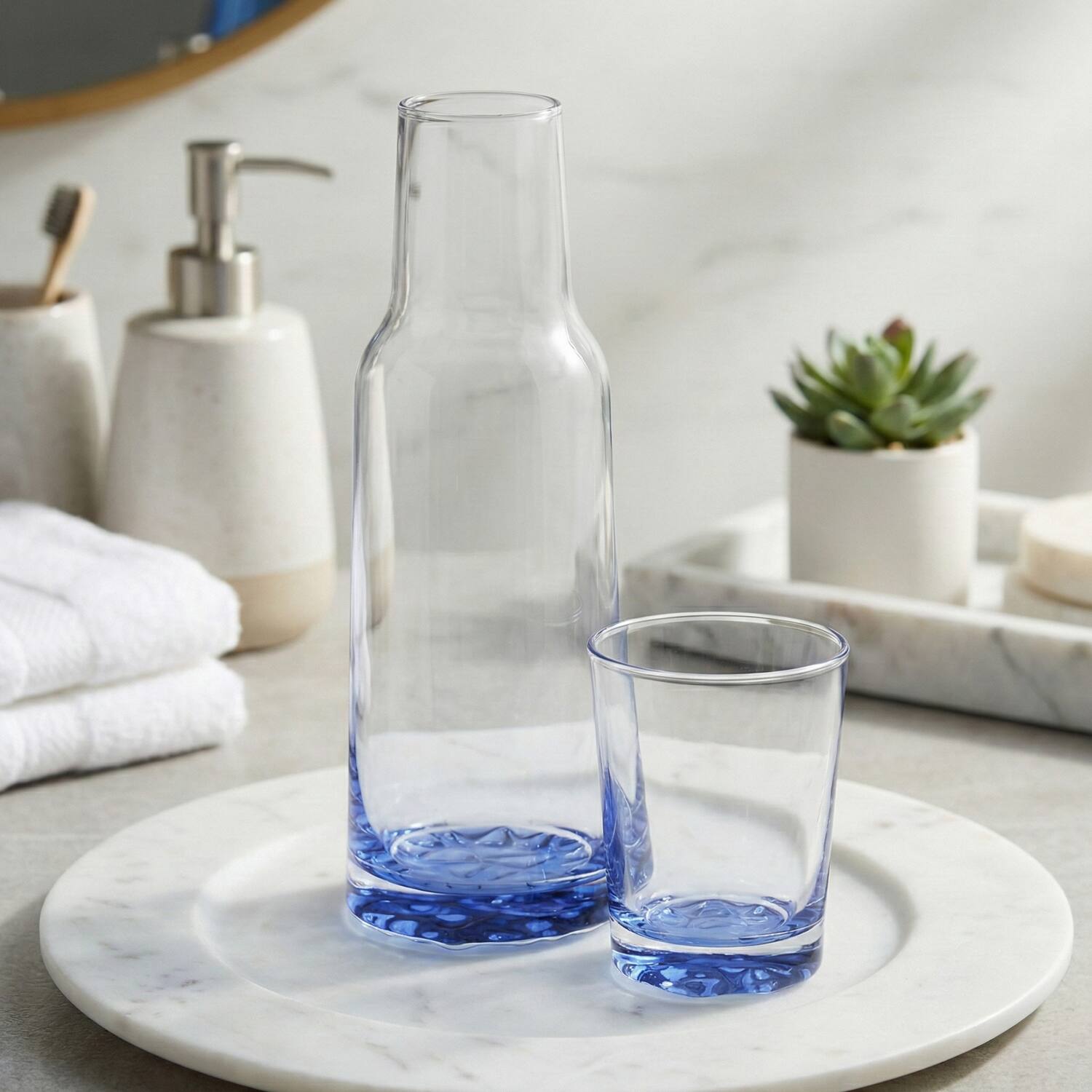 Left. Jay Import - Blue Bottom 2-Piece Glass Carafe Set 35.50 OZ. - Blue.