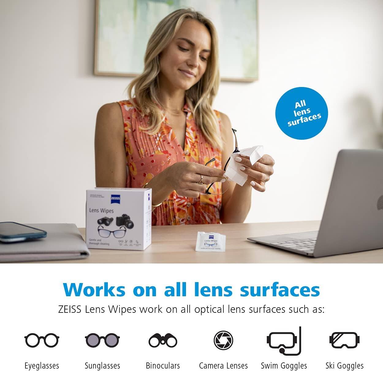 ZEISS Lens Wipes work on all optical lens surfaces such as:

- Eyeglasses
- Sunglasses
- Binoculars
- Camera Lenses
- Swim Goggles
- Ski Goggles