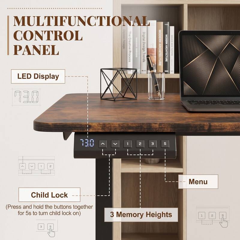 MULTIFUNCTIONAL CONTROL PANEL

- LED Display
- Child Lock (Press and hold the buttons together for 5s to turn child lock on)
- 3 Memory Heights
- Menu