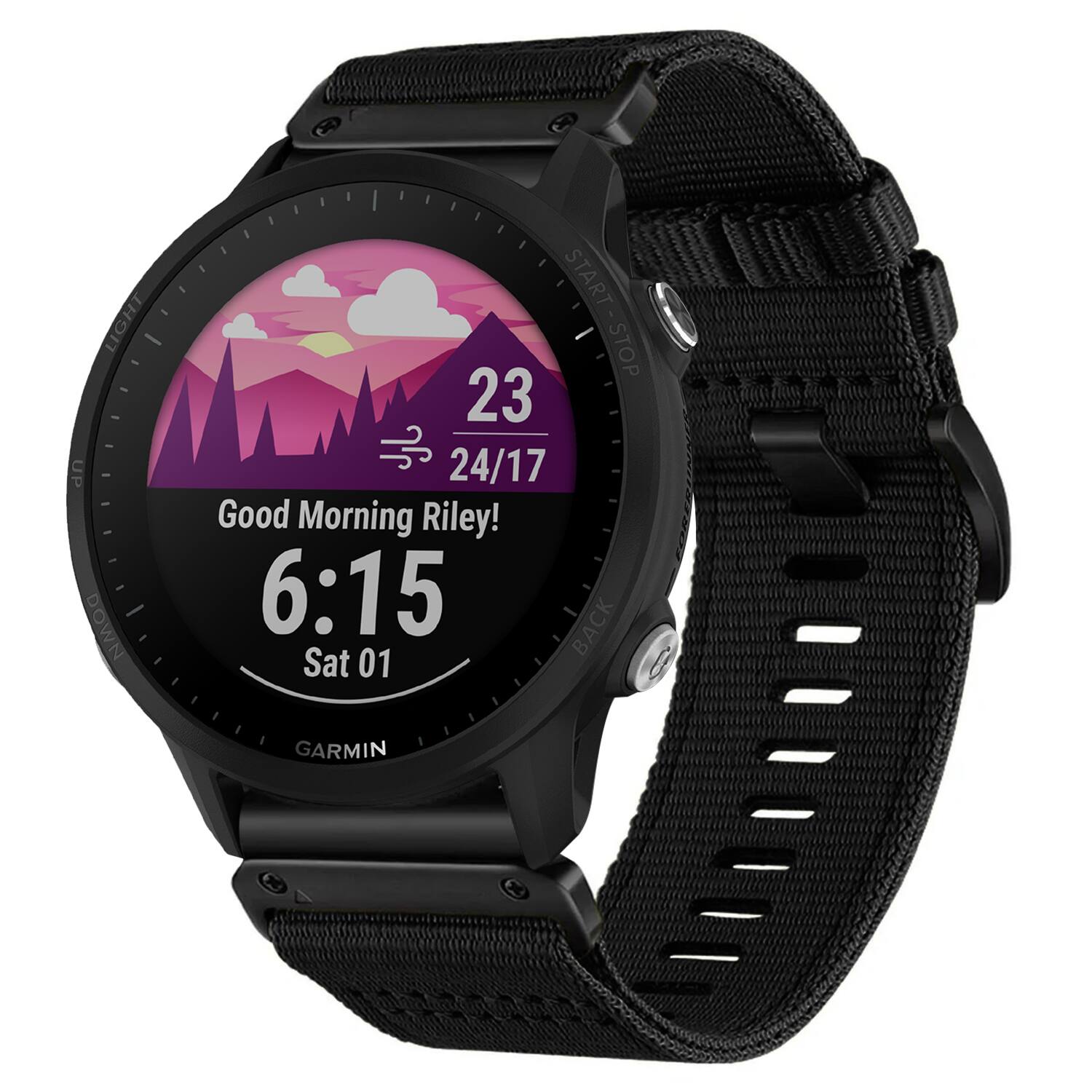 LIGHT UP DOWN START START-STOP STOP  
23 24/17  
Good Morning Riley!  
6:15  
Sat 01  
GARMIN