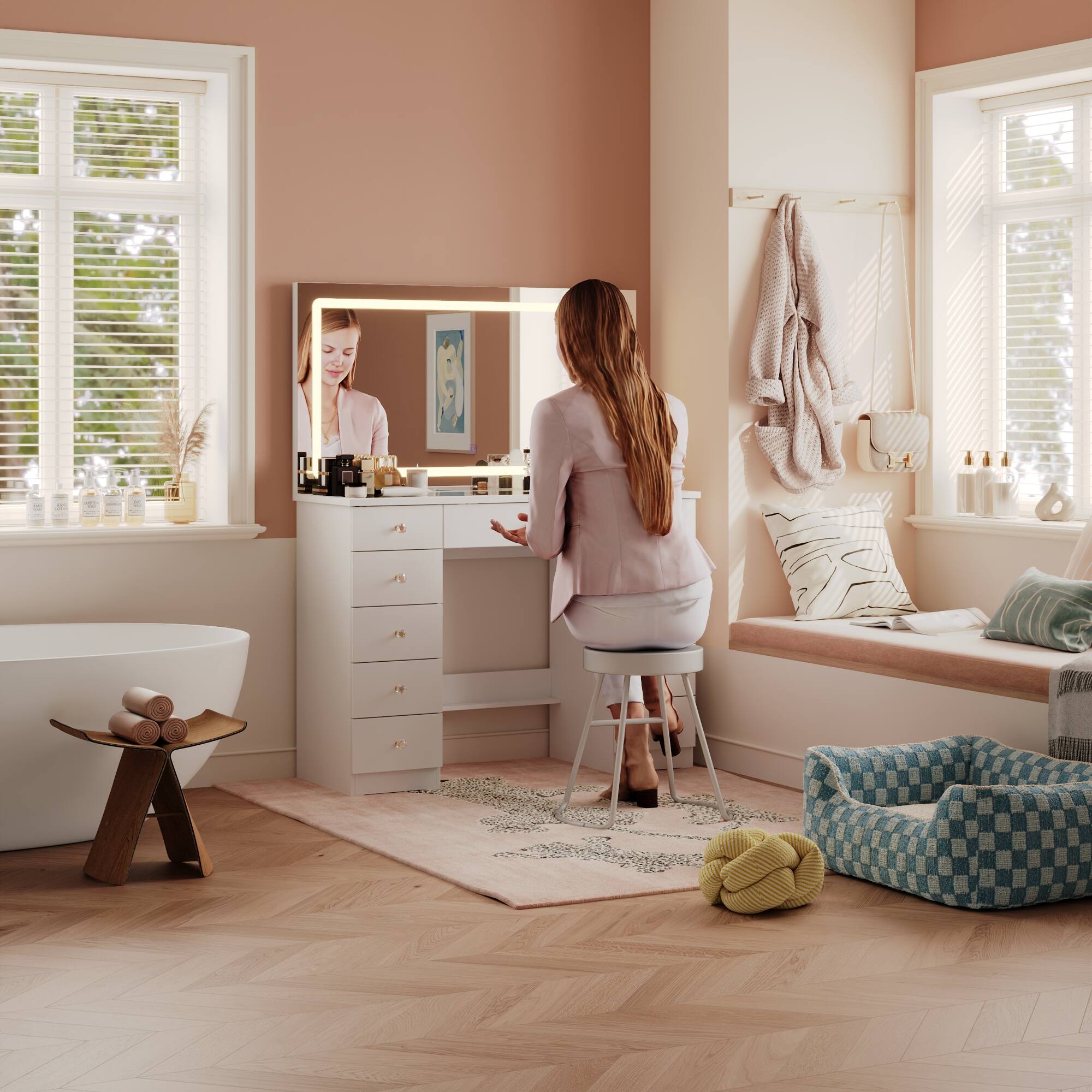 Alt View 9. Famapy - Large LED Vanity Desk with Oversized Illuminated Mirror, 3 - Color Lighting, Ample Storage Drawers & Crystal Knobs - White.